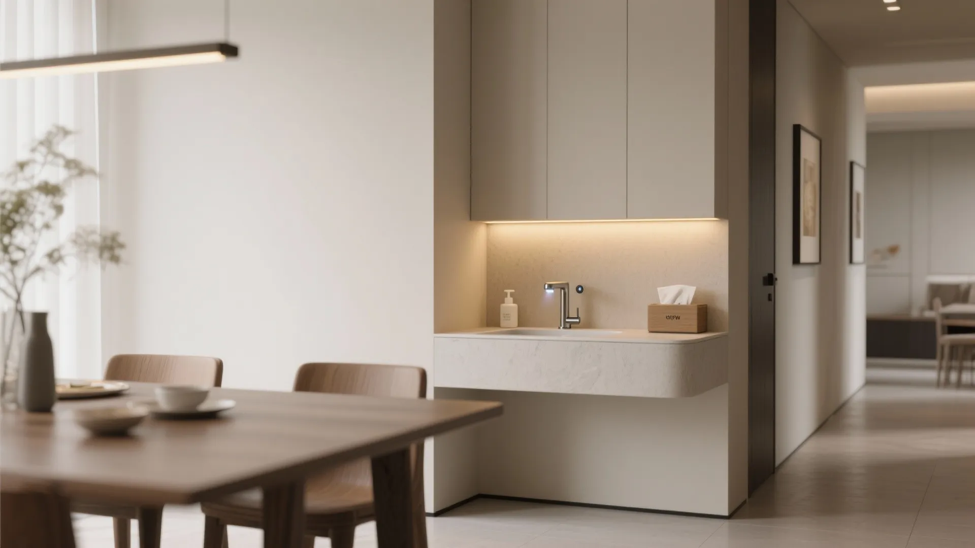 Modern dining area featuring a minimalist washbasin with sensor faucet under warm cabinet light fixture