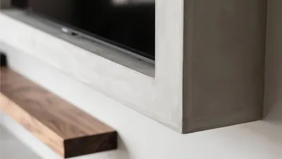 Modern Concrete TV Unit with Floating Wooden Shelf
