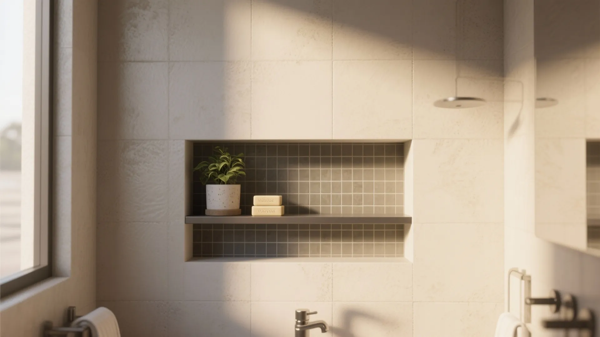 Tip 2: Recessed Niches and Floating Shelves