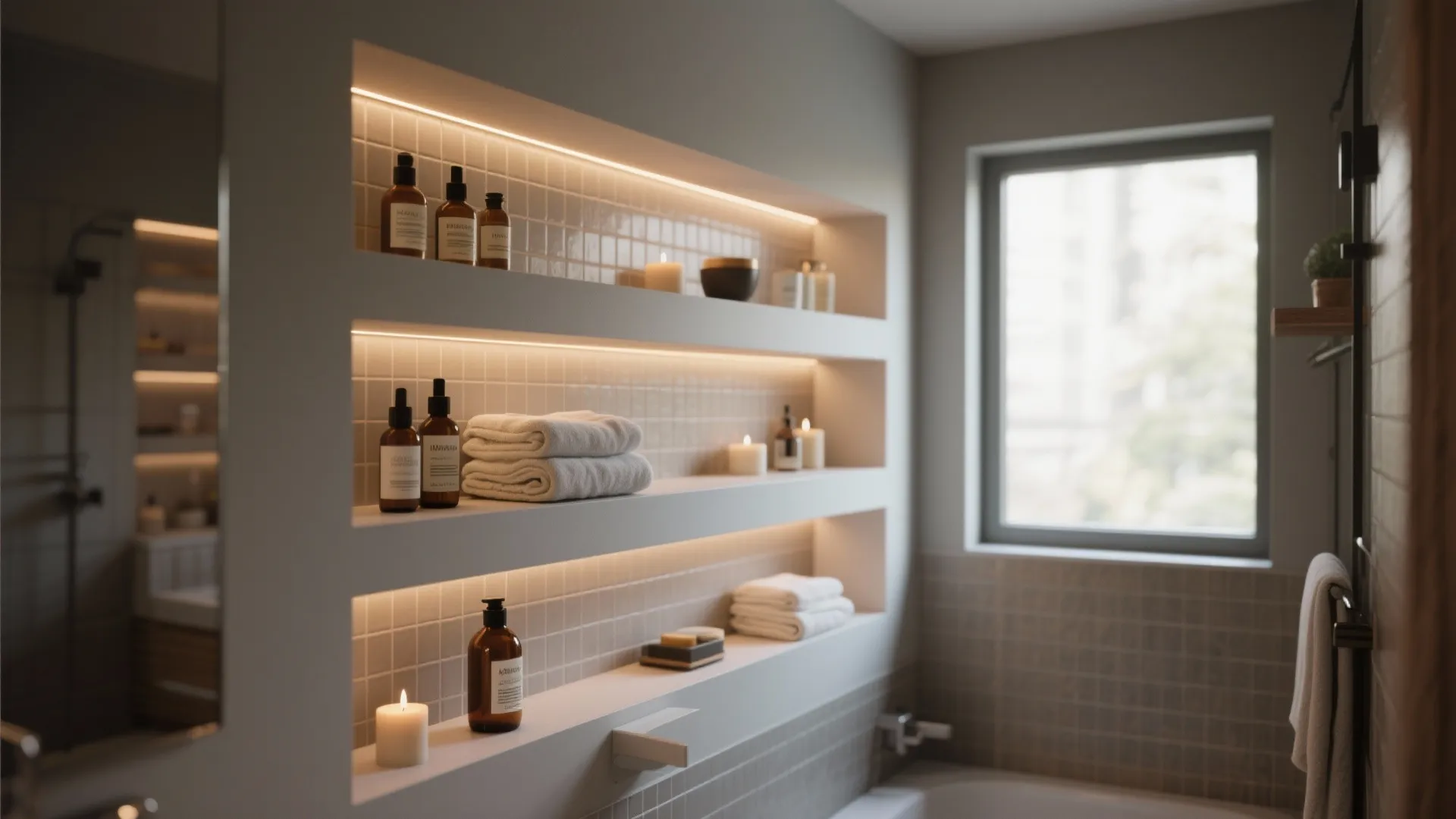 Modern bathroom with wall shelves, light strips, skin care bottles, white towels, candles, and window