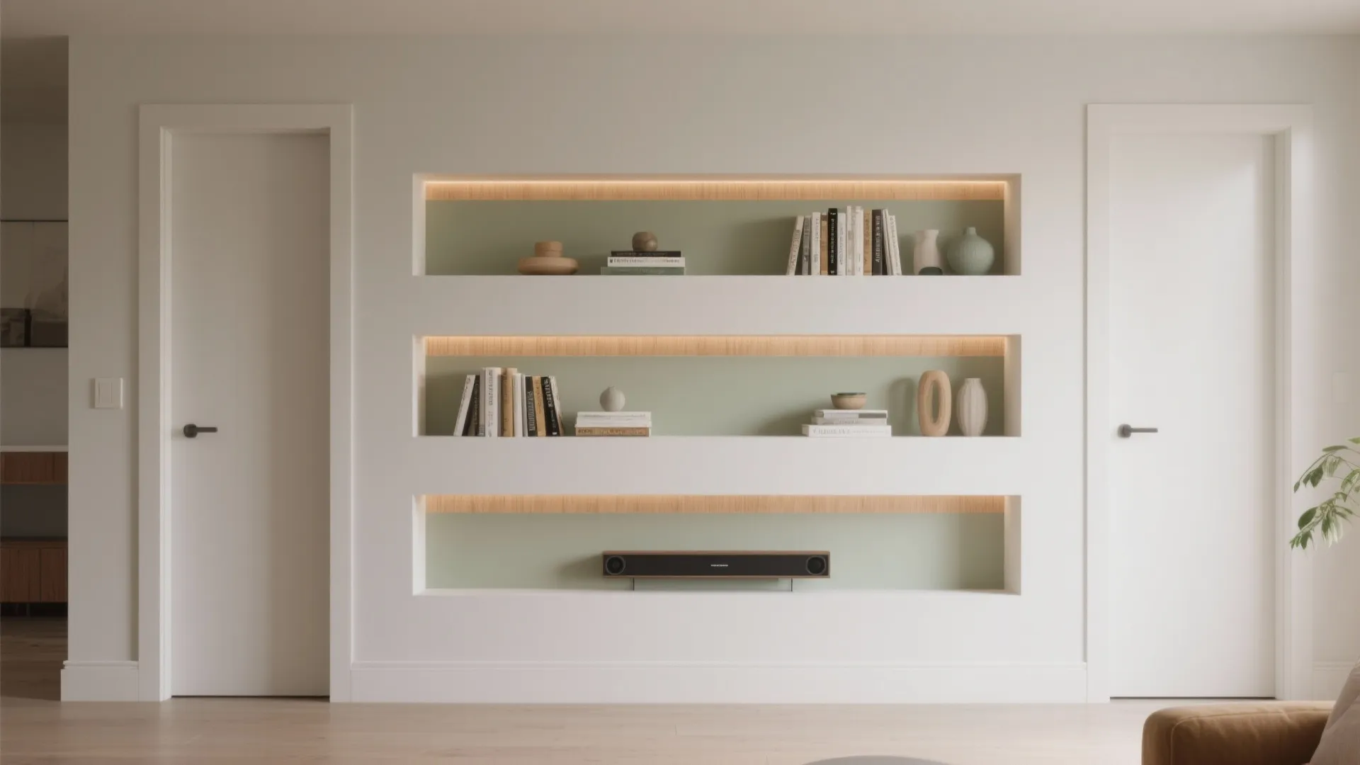 Built-in calm: integrated shelving and niche storage