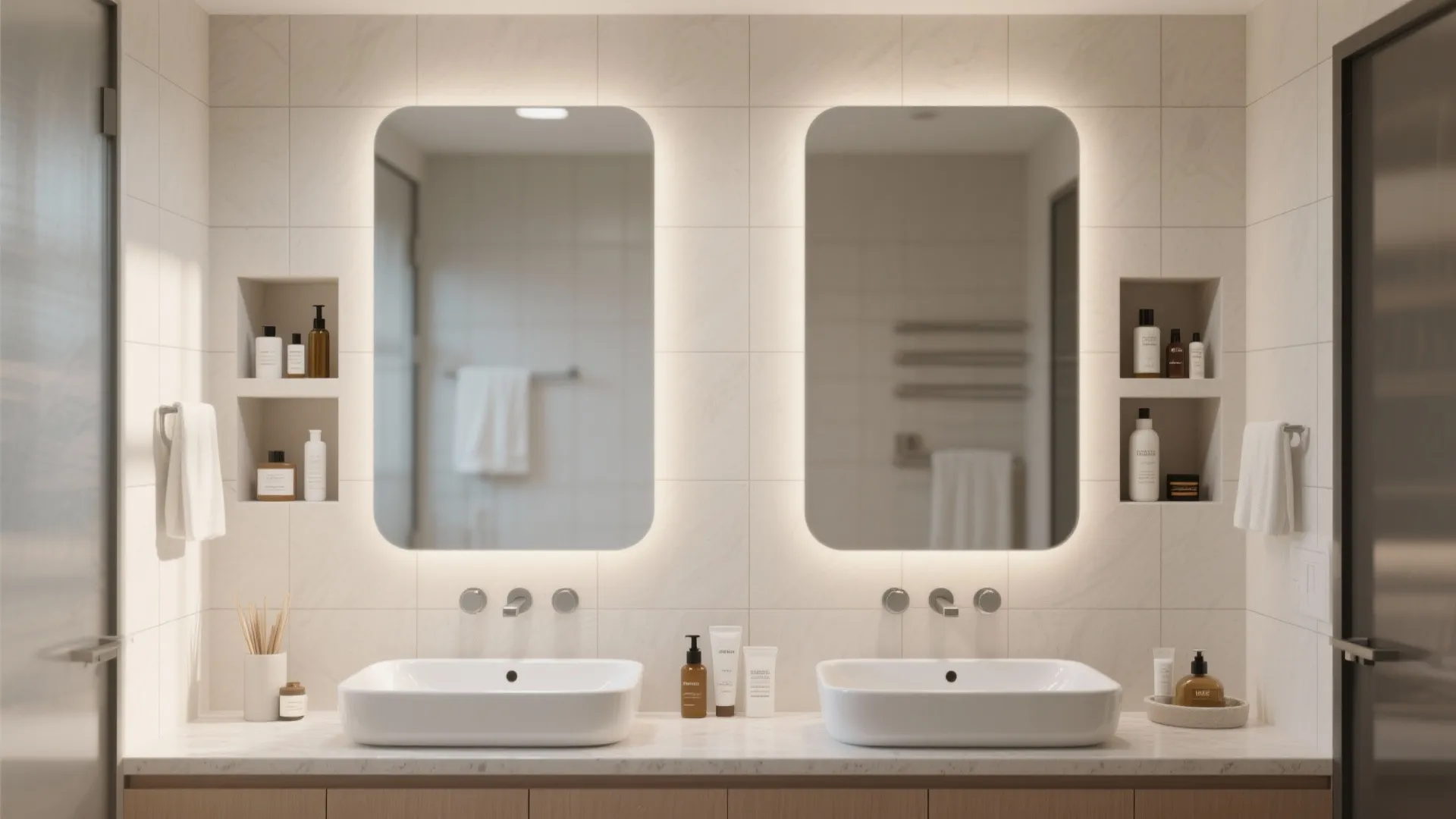 Modern bathroom with two glowing mirrors over white sinks and built-in wall shelves for storage