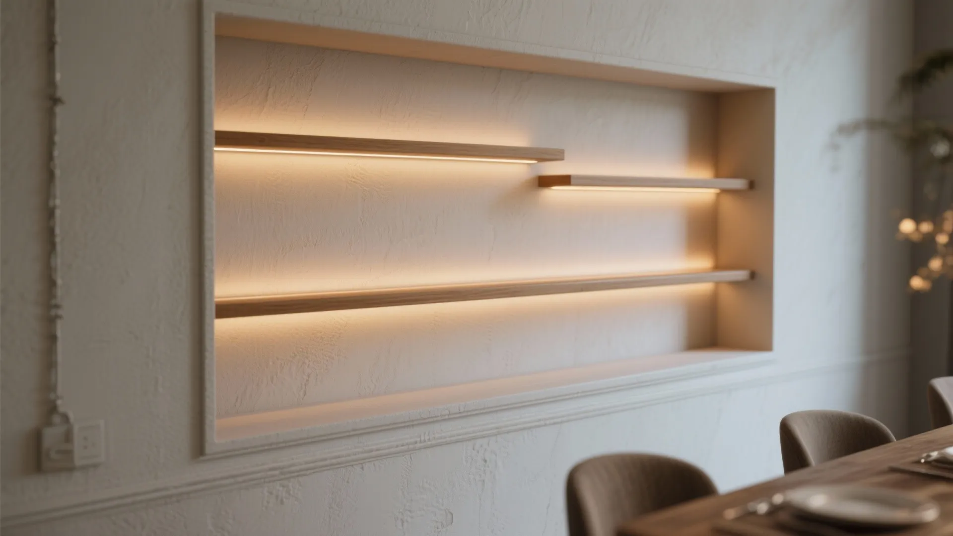 2. Built-in niche shelving with warm lighting