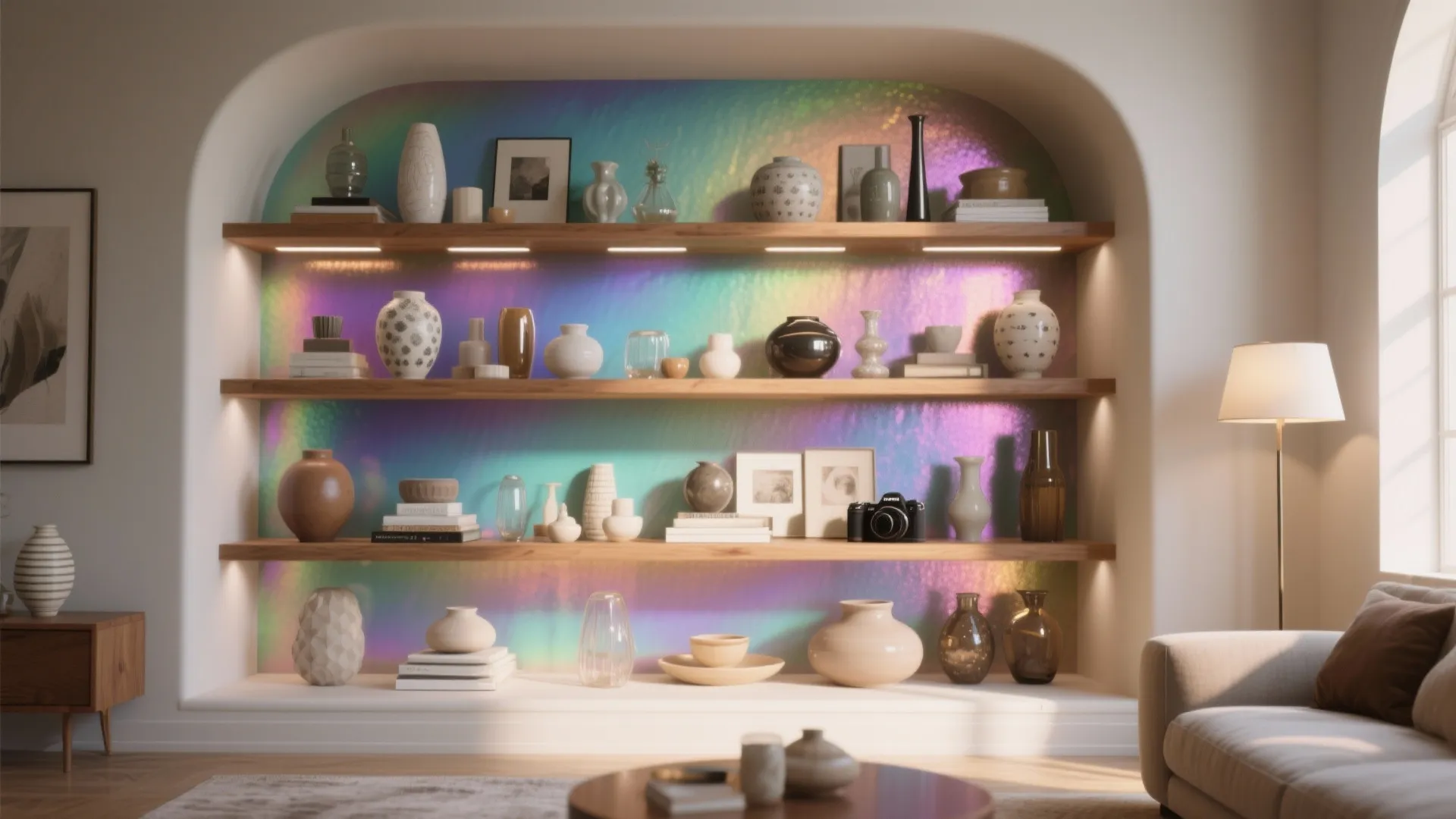 Recessed niche and open shelving backed with iridescent paint showcasing curated objects.