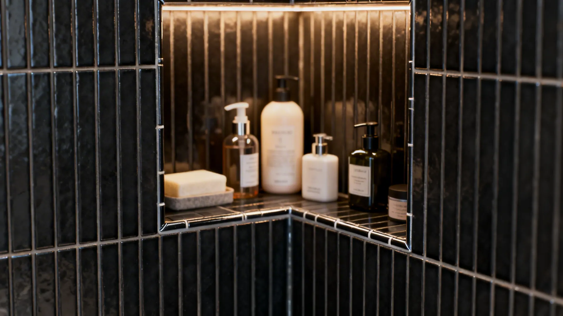 Built-in shower niche with contrasting tile and neatly stored toiletries.