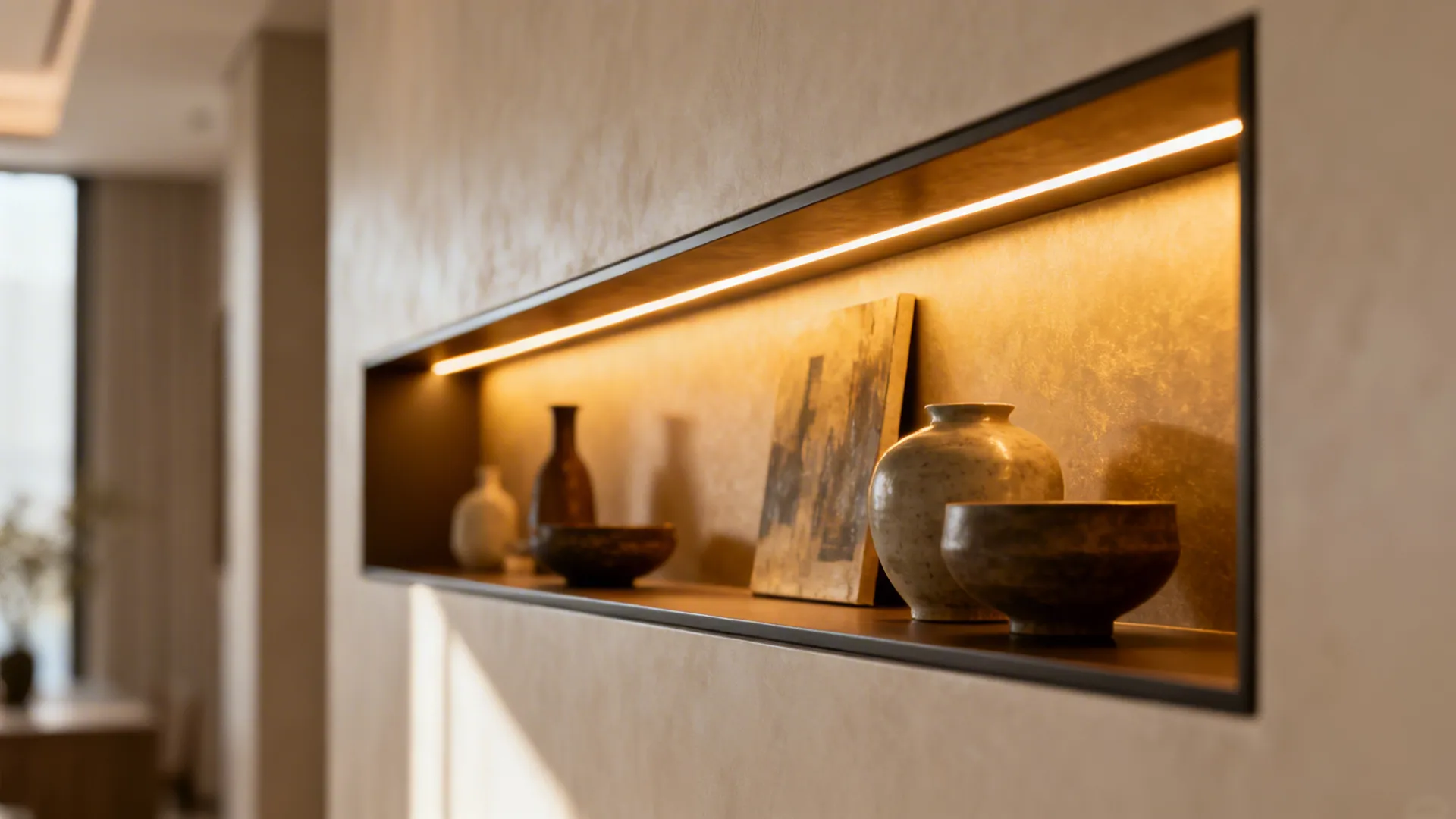 Recessed niche shelving with integrated warm LED strips highlighting decor and artwork.