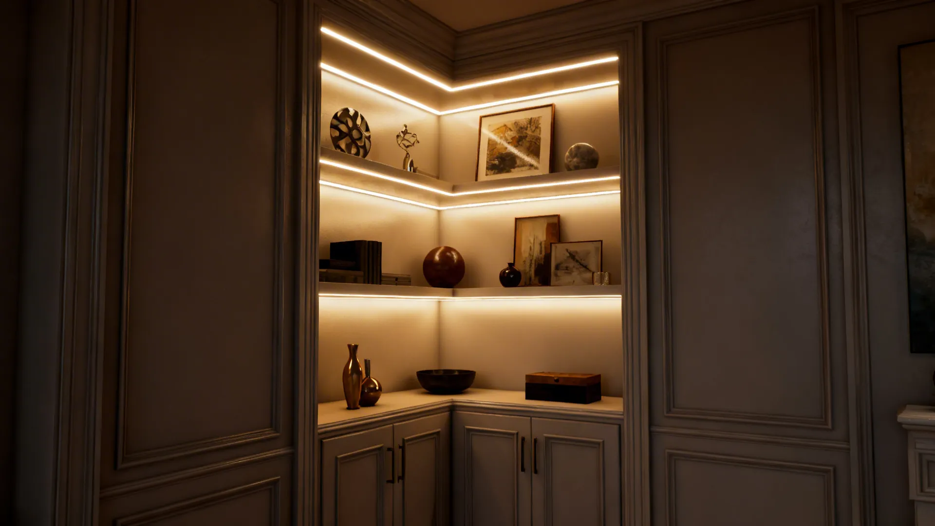 Corner wall shelves with built-in lights displaying vases and frames above a small storage cabinet