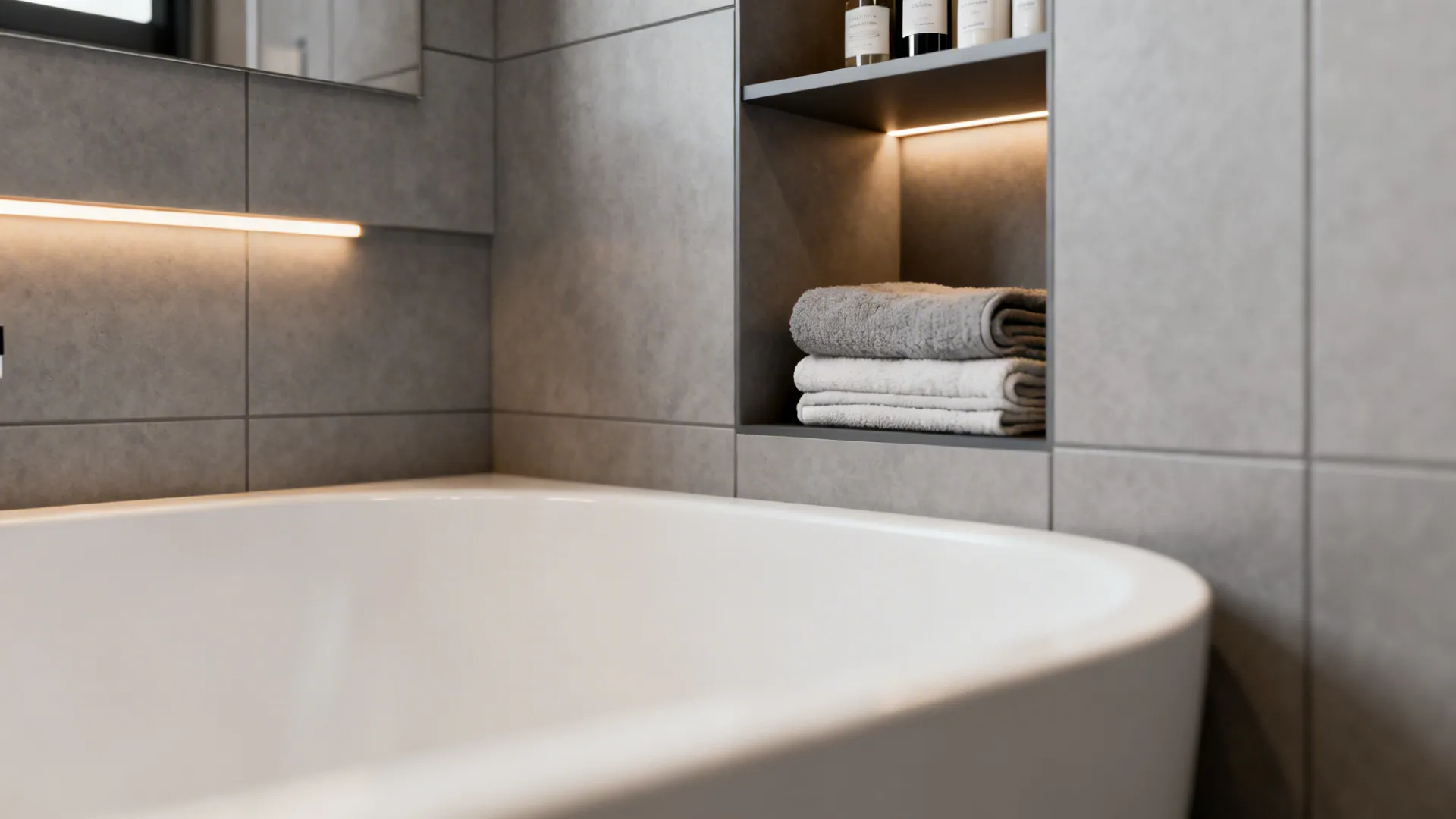 Recessed shelving niche with towels and toiletries beside a freestanding tub
