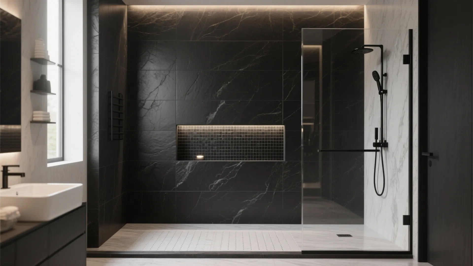 Modern bathroom with black marble walls glass shower door white sink and a black faucet