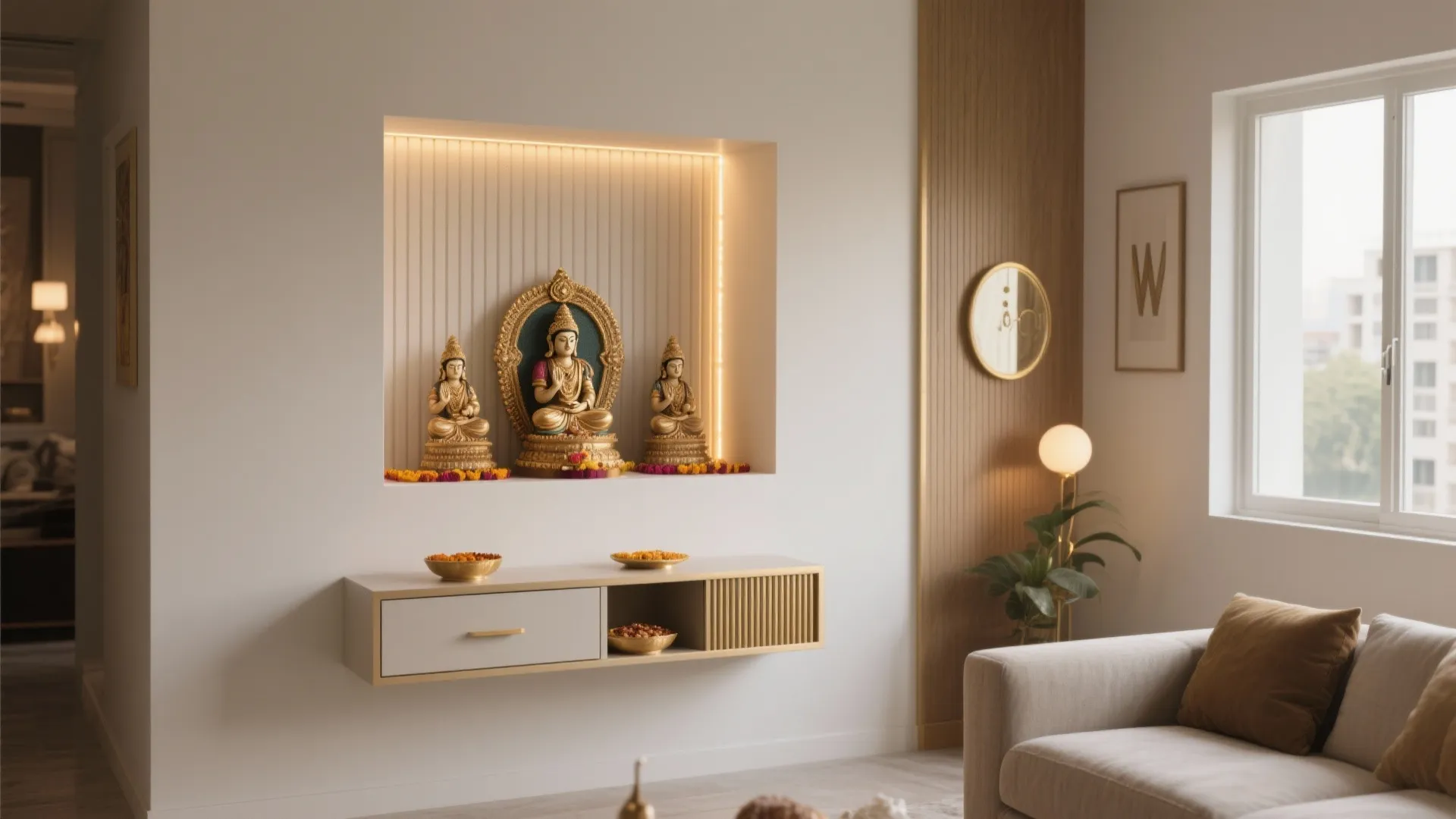 Recessed wall-niche pooja shrine with concealed drawer and warm backlighting.
