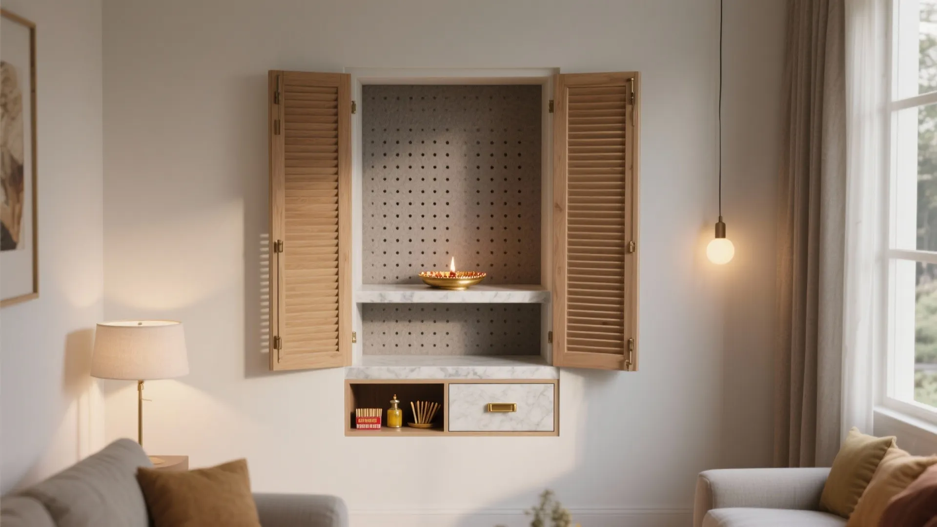 Built-in wall niche pooja with pocket sliding shutters, acoustic felt liner, and quartz shelf with brass thali.