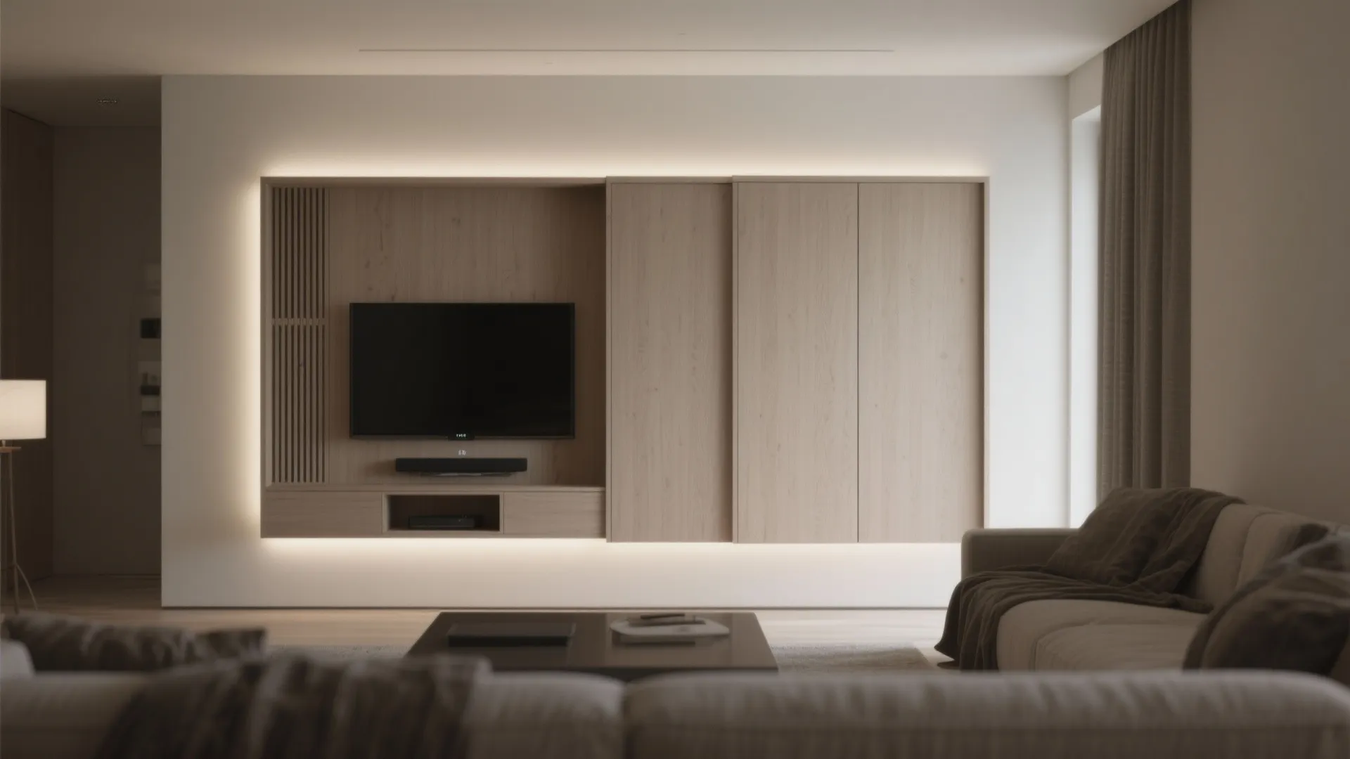 Minimalist living room showing television inside a wooden wall cabinet with sliding doors and lighting