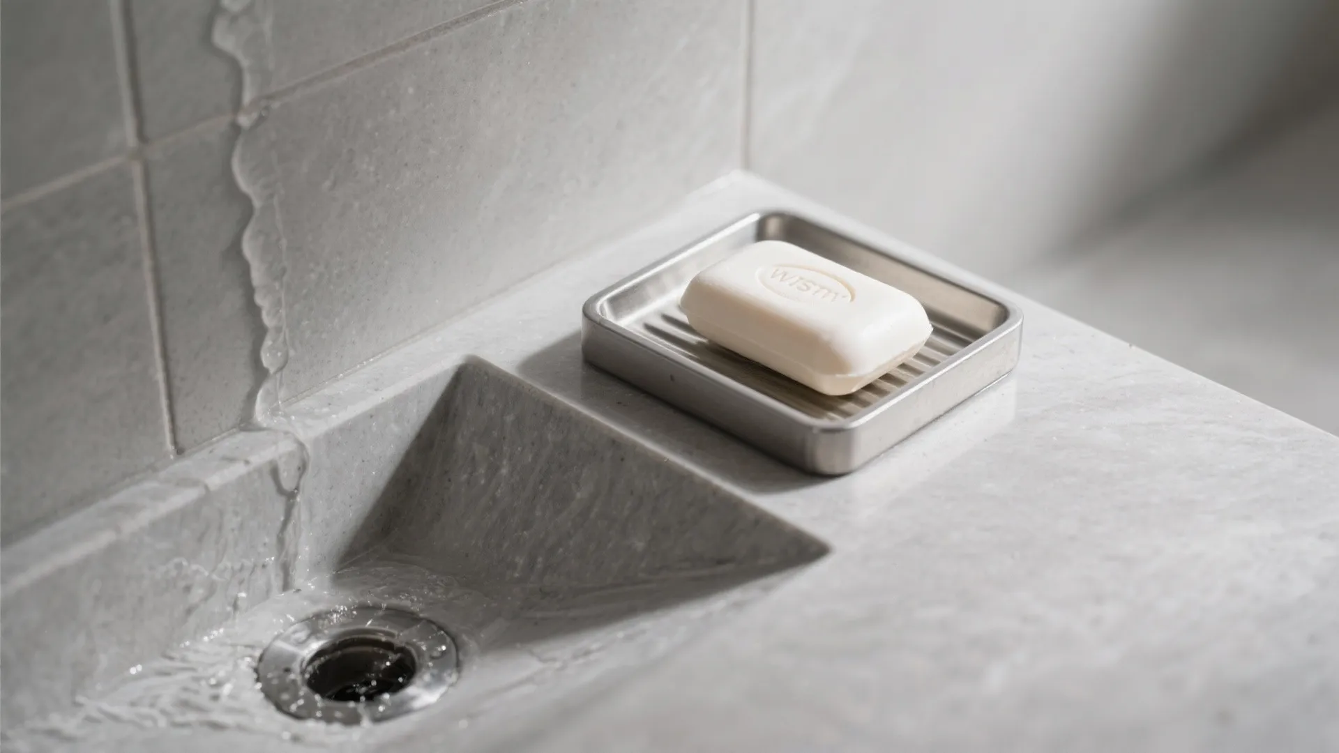 Macro view of sloped niche base with ribbed insert for soap drainage.