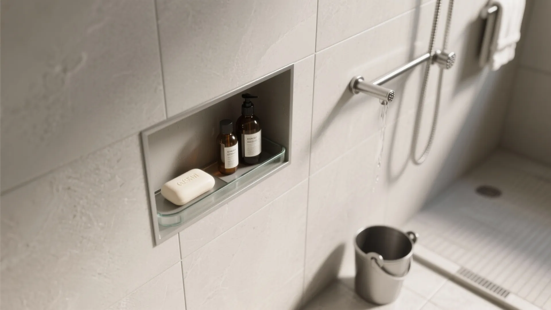 Modern bathroom wall hole with glass shelf holding soap and bottles near a metal bucket