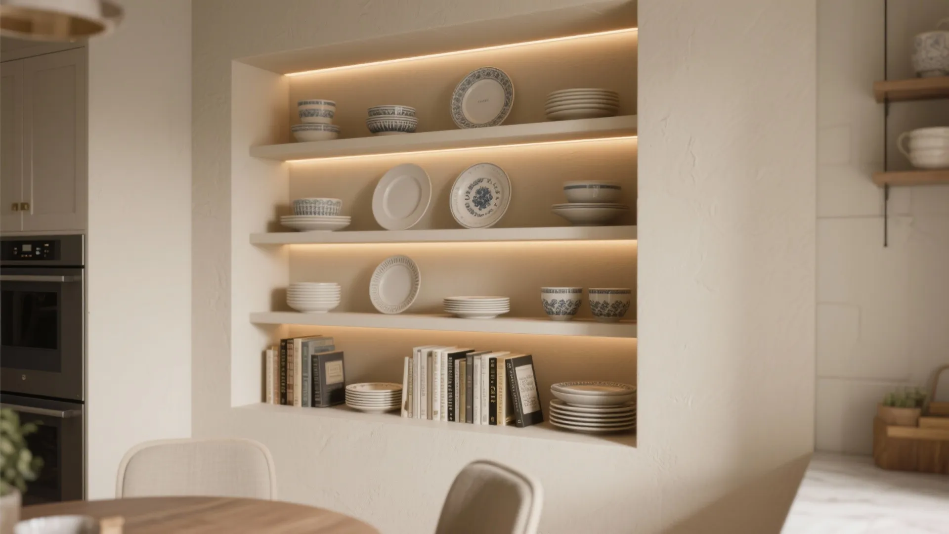 Modern kitchen wall niche with built in lights showing neatly organized white plates and books