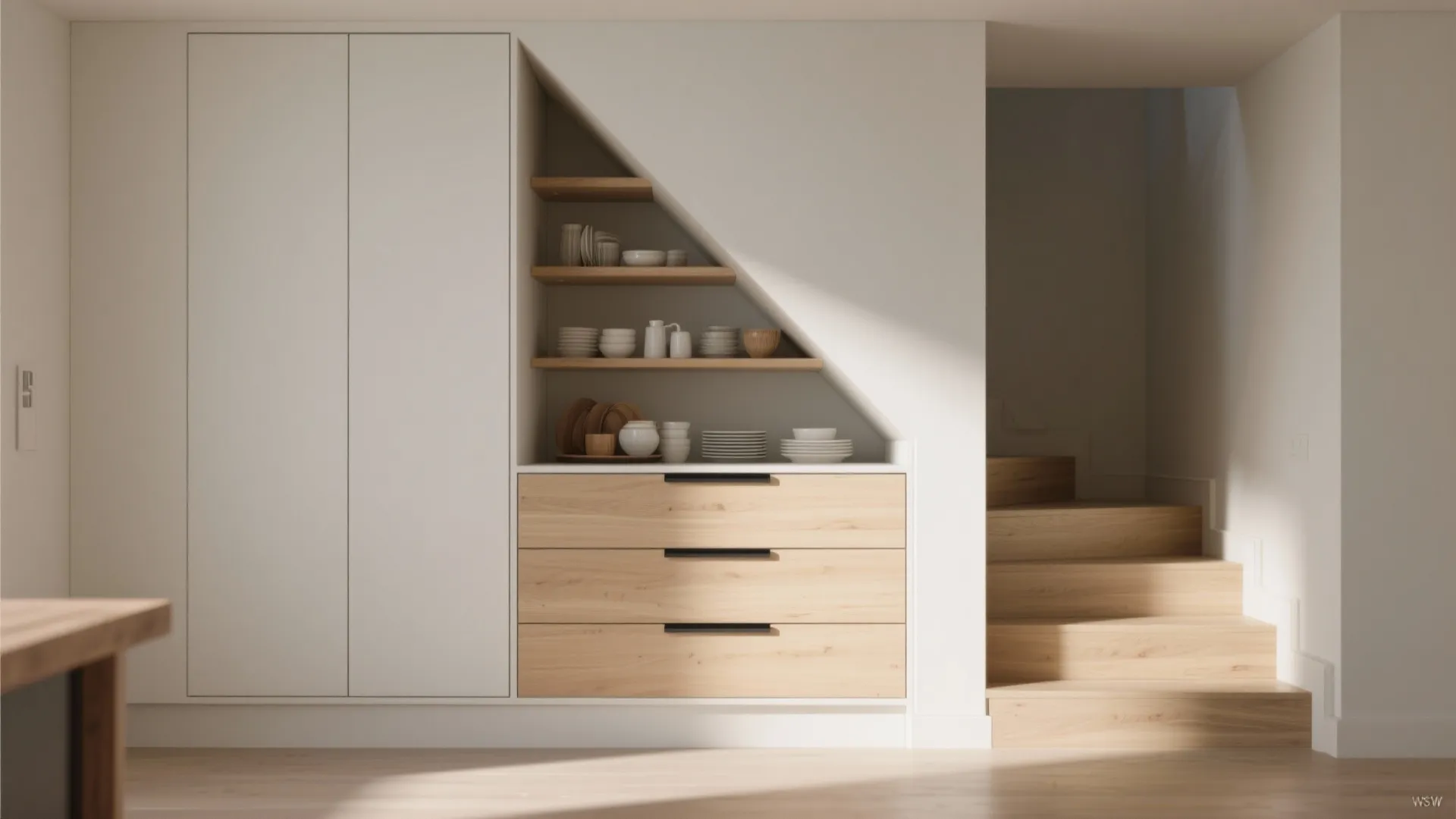 Built-in niche or under-stairs crockery cabinet