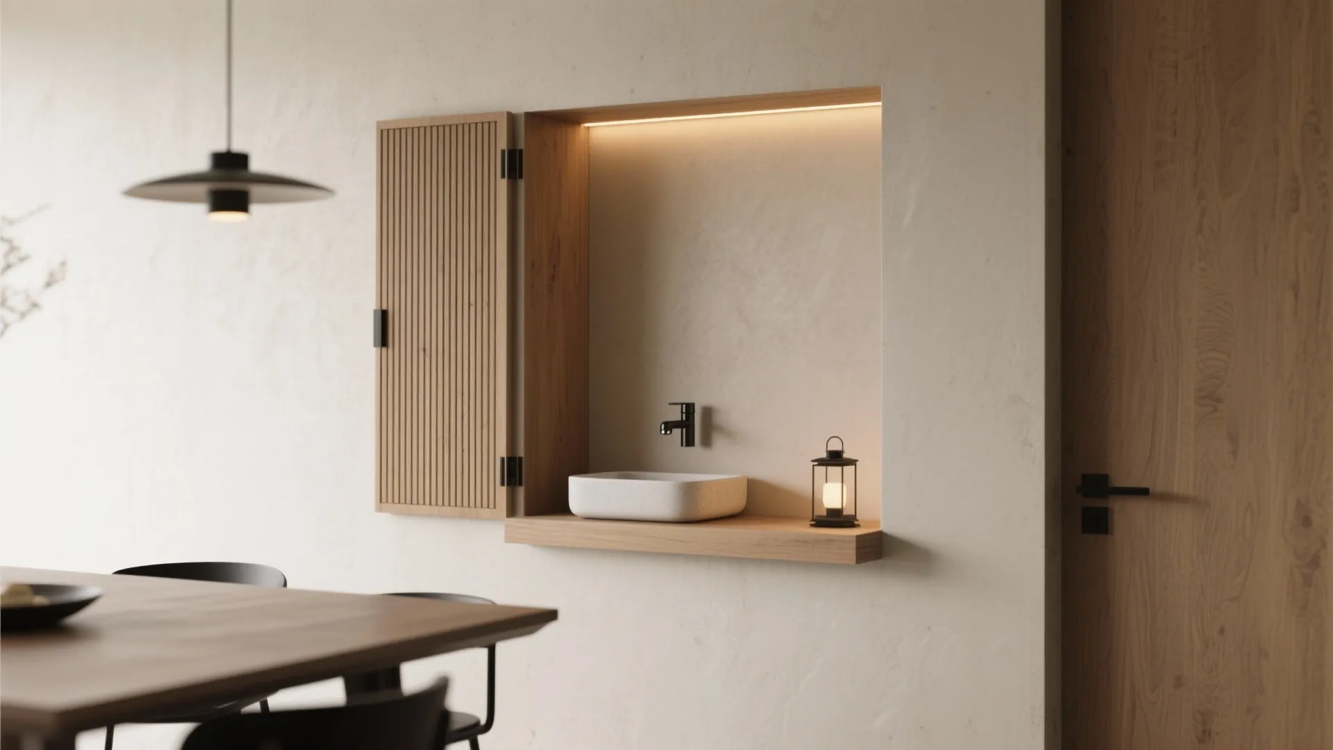 1) Minimalist Niche Wash Station With a Discreet Door