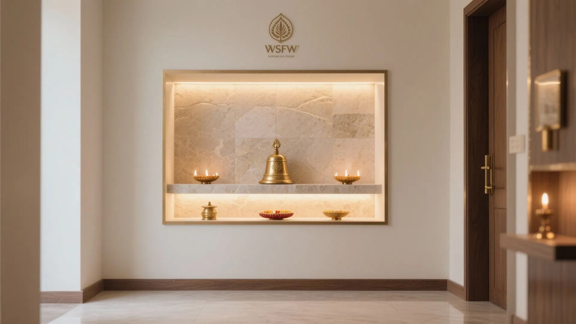 Recessed wall shelf with marble tiles holding a gold bell and small lamps with warm light
