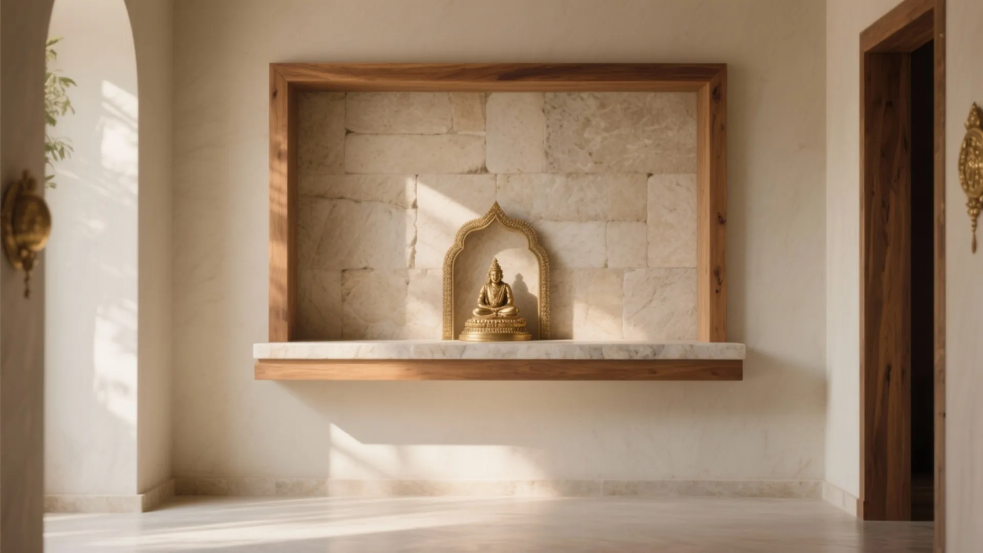 Recessed Wall Niche Mandir With Stone Back Panel and Floating Ledge