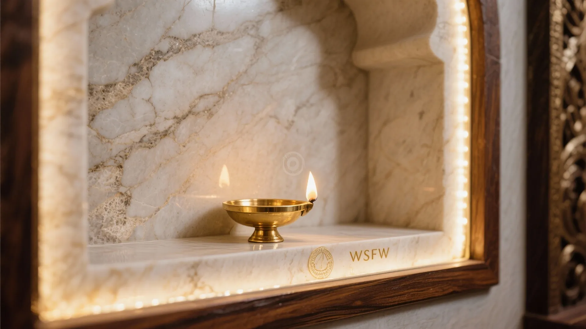 Small brass lamp with flame lit inside a marble wall niche with warm light strips