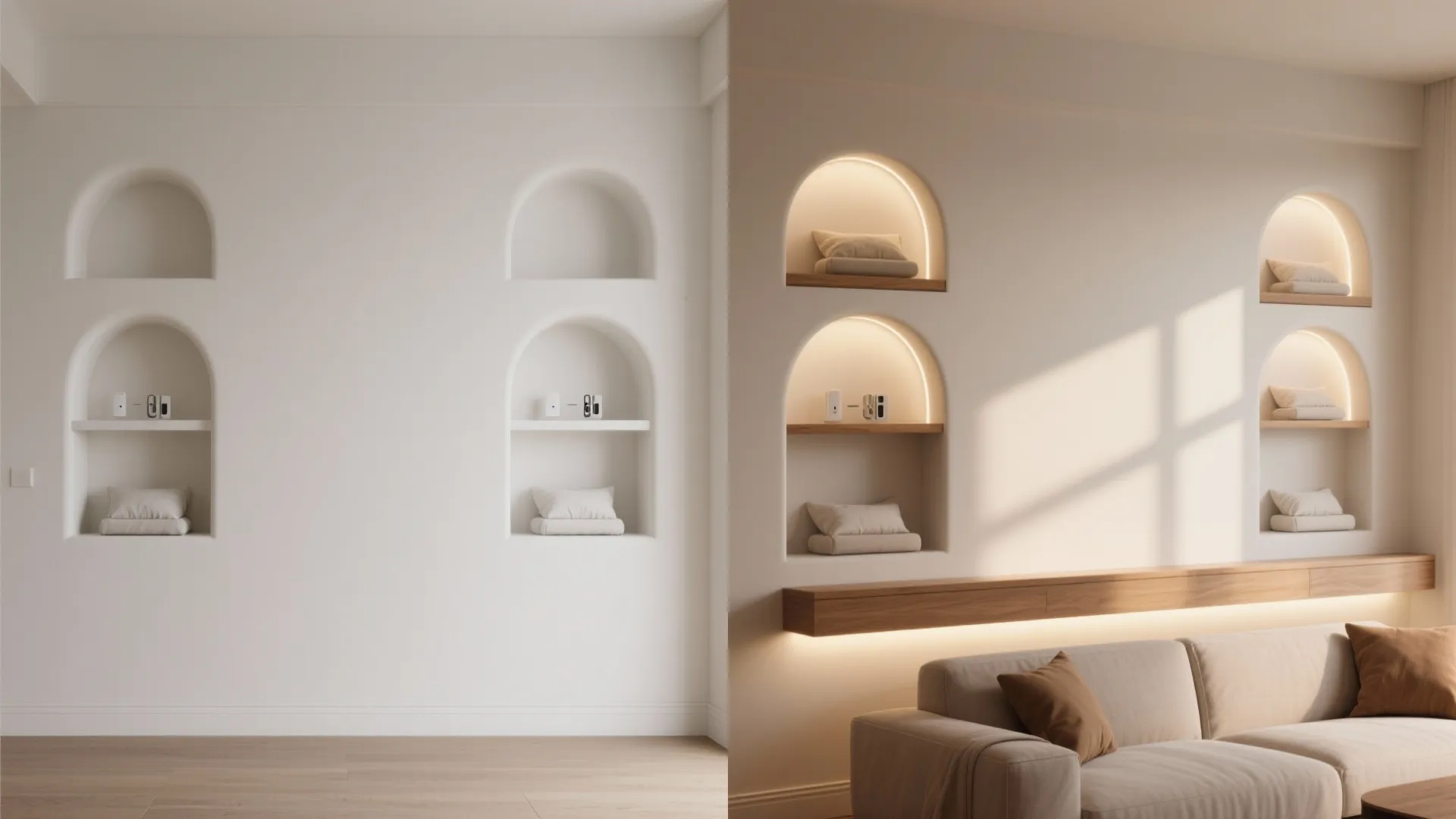 Before and after comparison of arched wall niches with warm lighting and a modern sofa