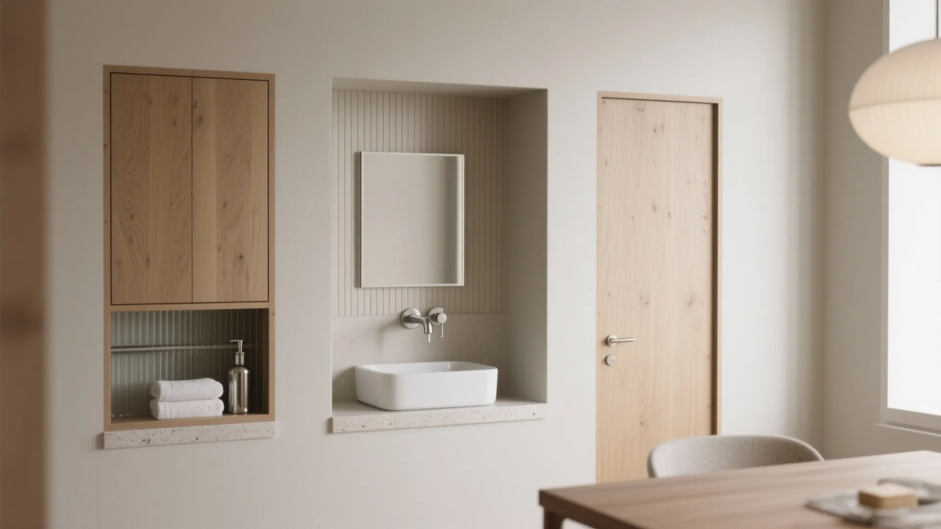 Modern wash area featuring white sink recessed mirror wooden cabinet towels and a light wood door