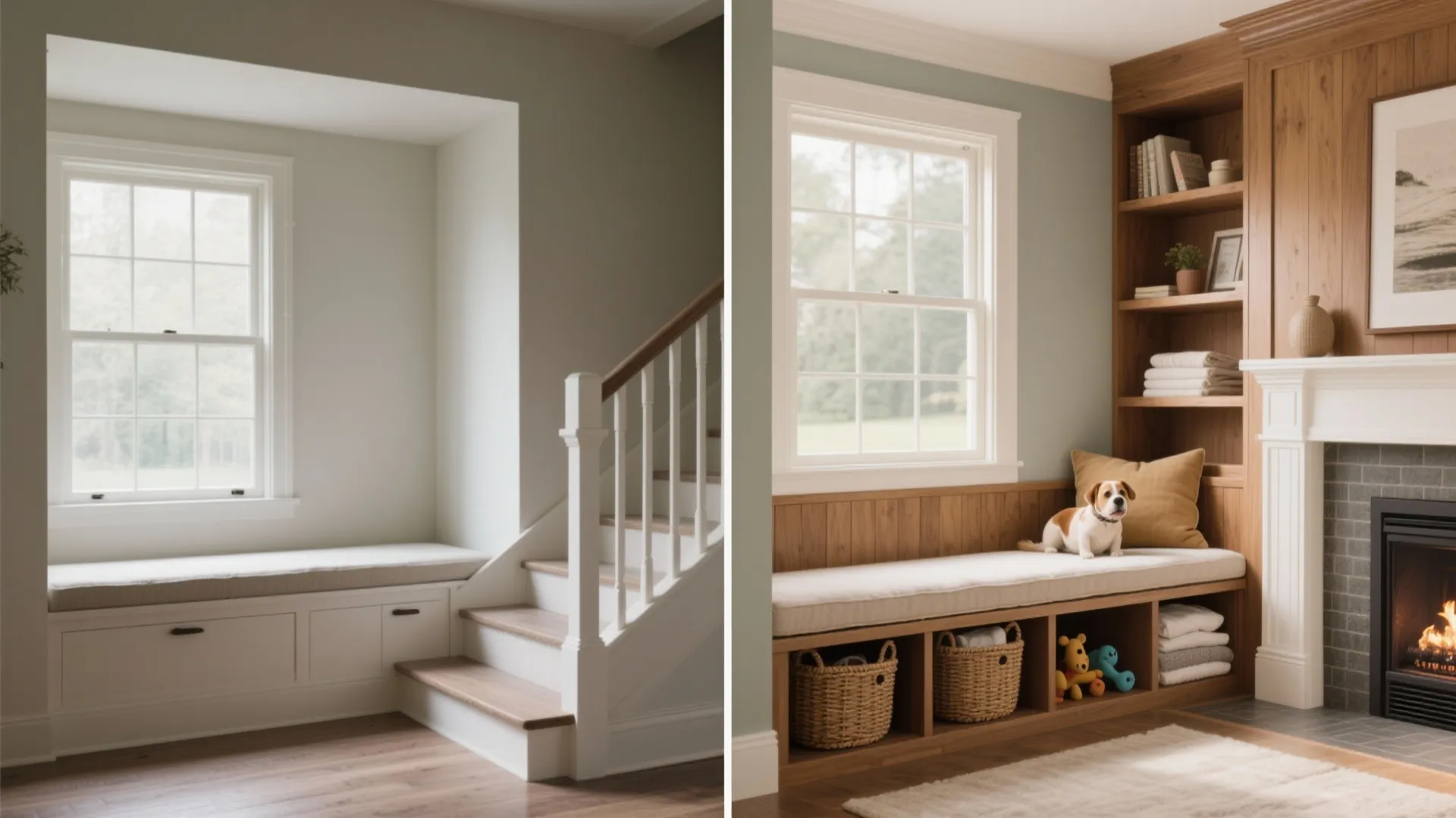 Comparison of a simple white window seat and a cozy wood-paneled reading nook with fireplace