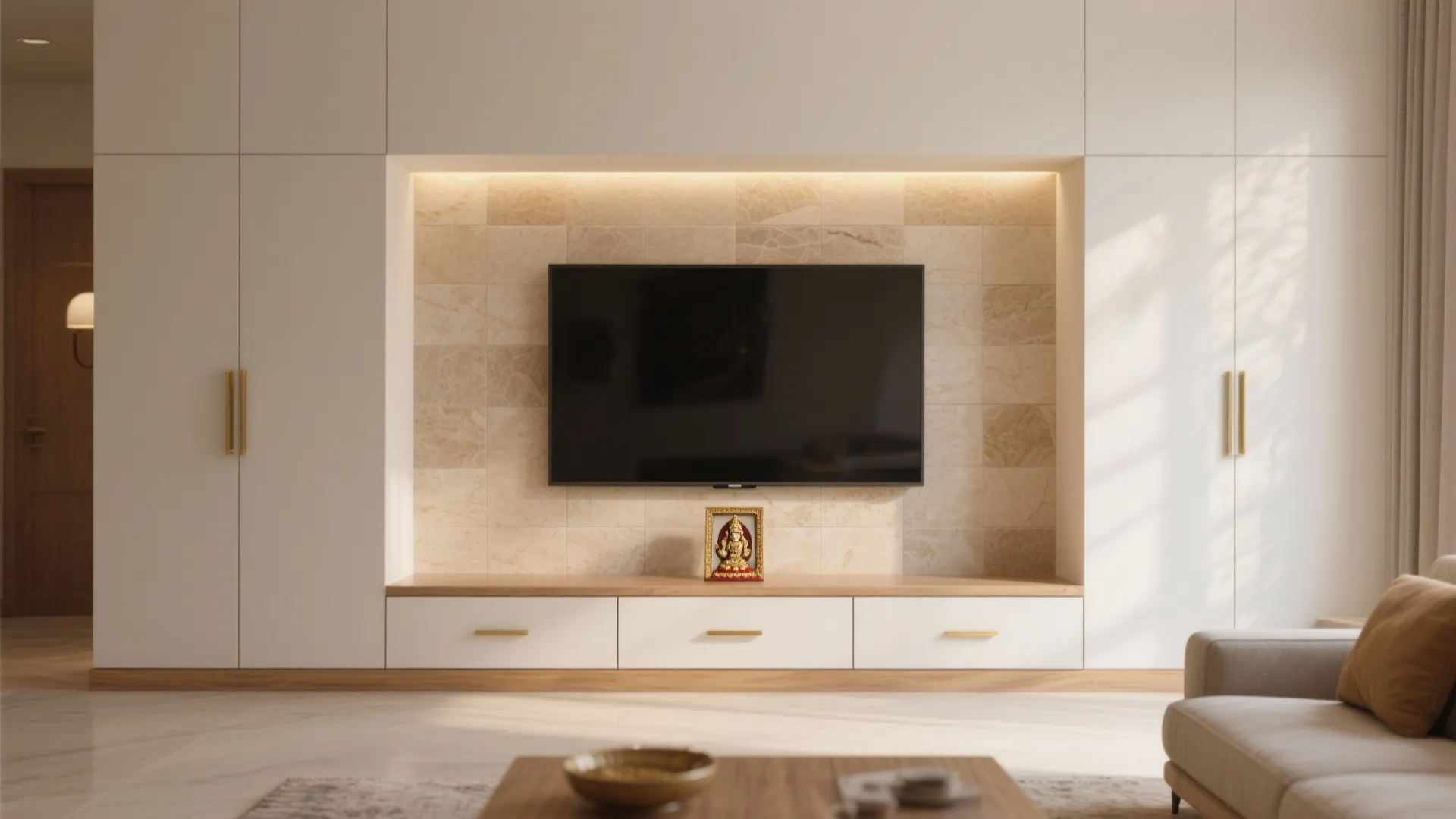 Minimalist mandir niche with hidden storage