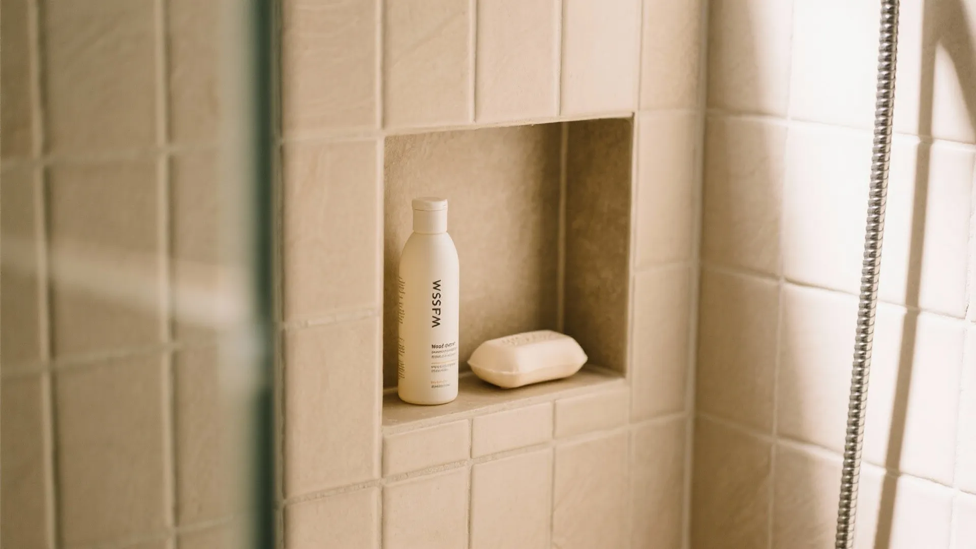 Recessed shower niche with shampoo and soap neatly placed