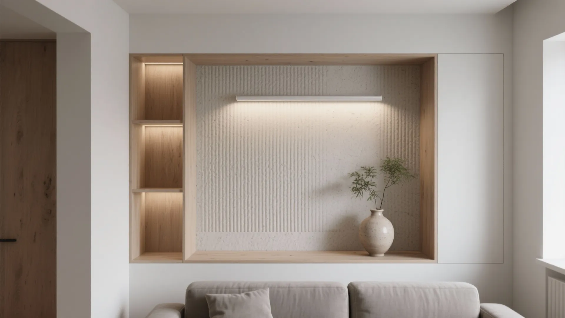 Shallow built-in niches with fluted wood backing, softly lit to showcase ceramics and a plant.