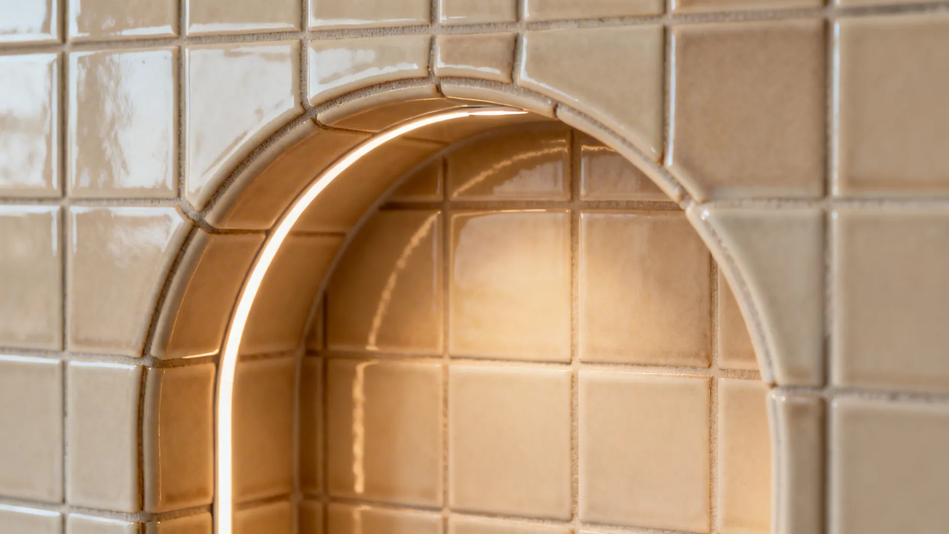 Macro detail of a curved tiled niche edge with hidden LED lighting.