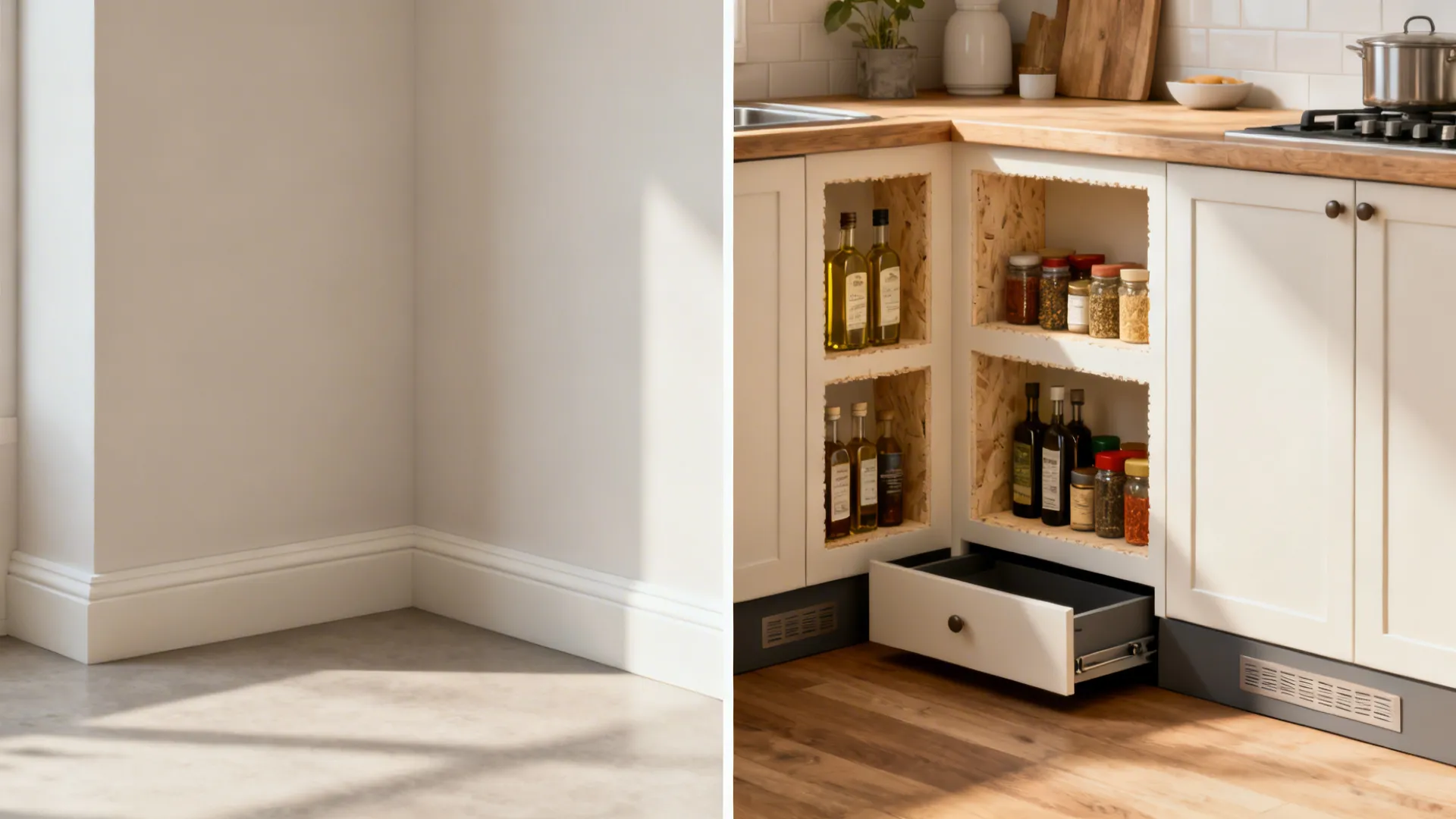 Before-and-after of a small kitchen adding wall niches and toe-kick drawers to a base run.