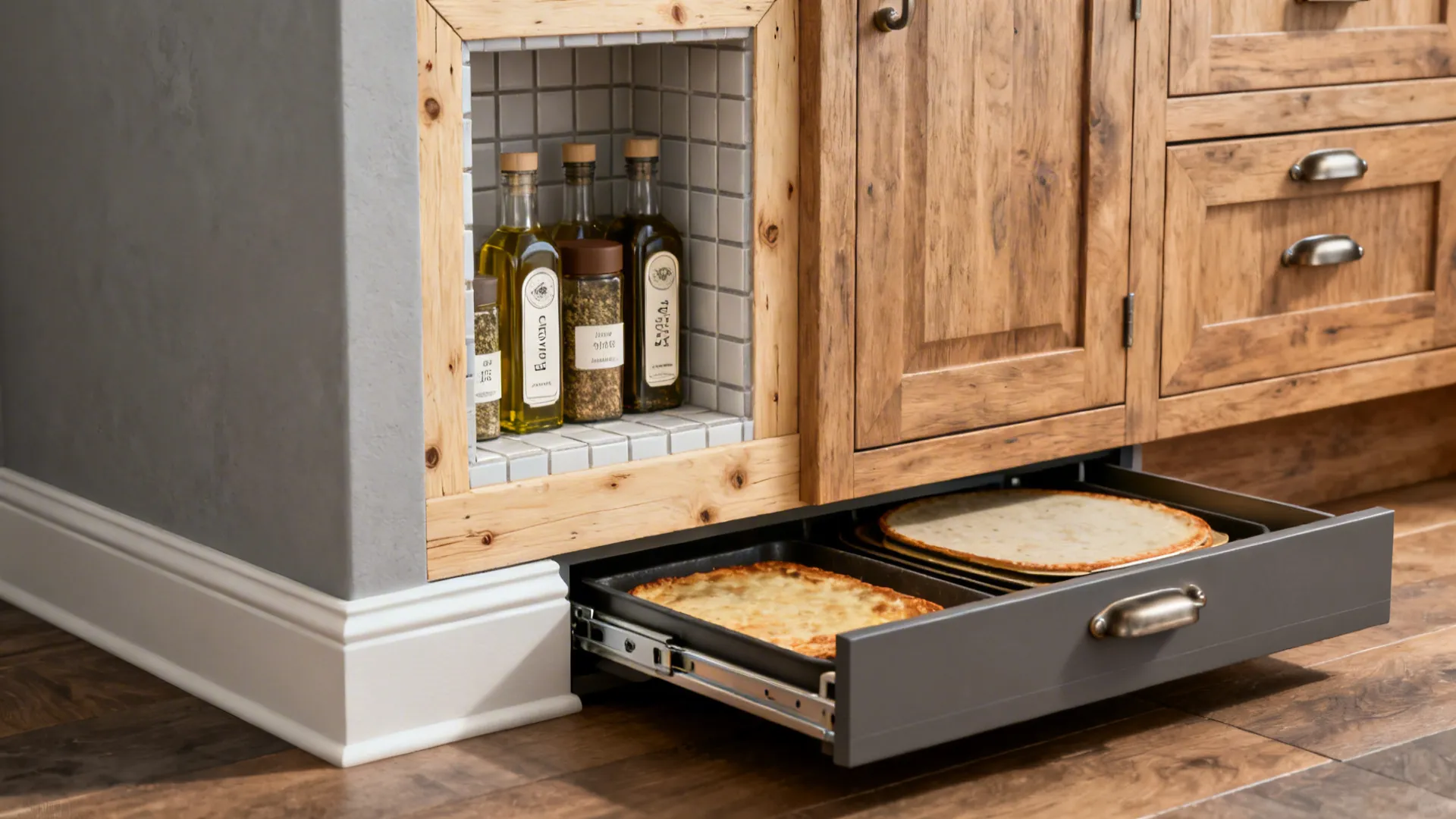 Close-up of a tiled wall niche with spices and a toe-kick drawer storing baking sheets.