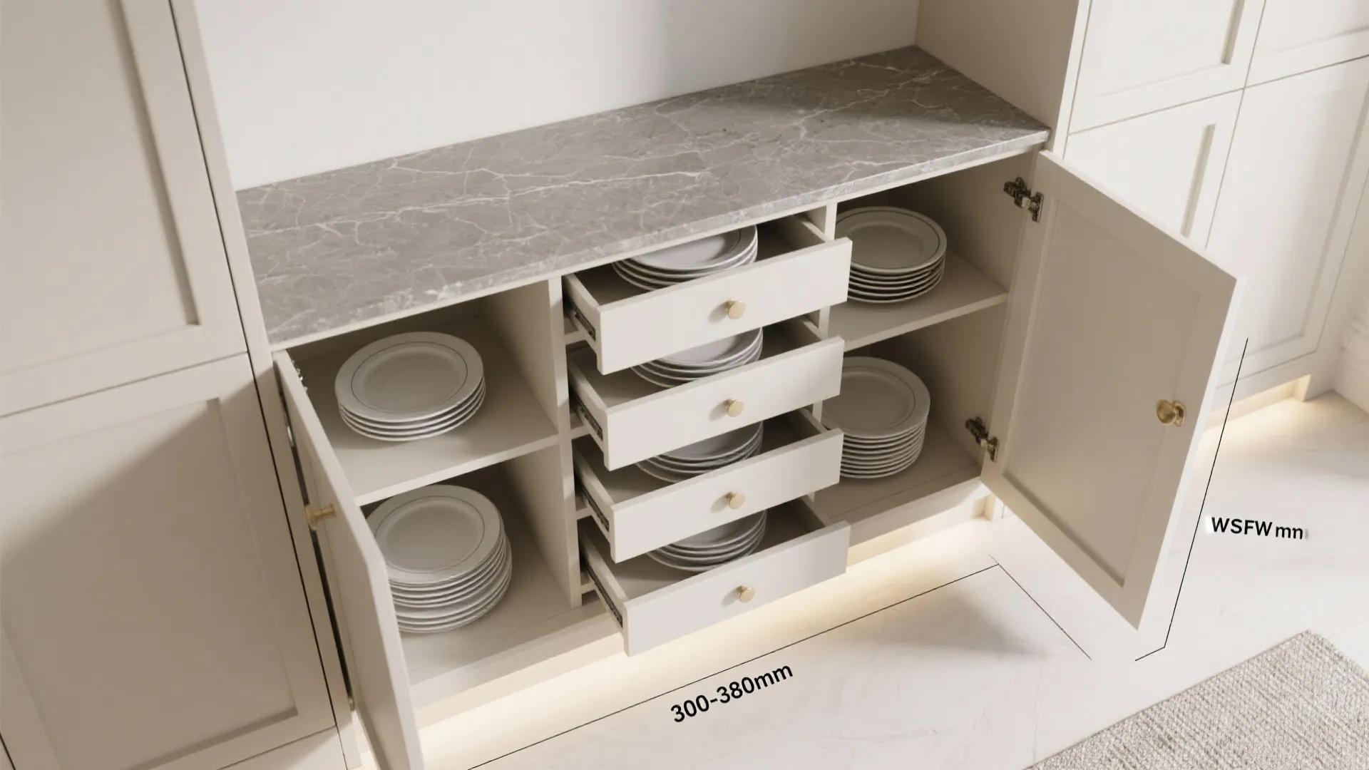 Interior design drawing showing a white kitchen cabinet with open drawers holding white ceramic plates