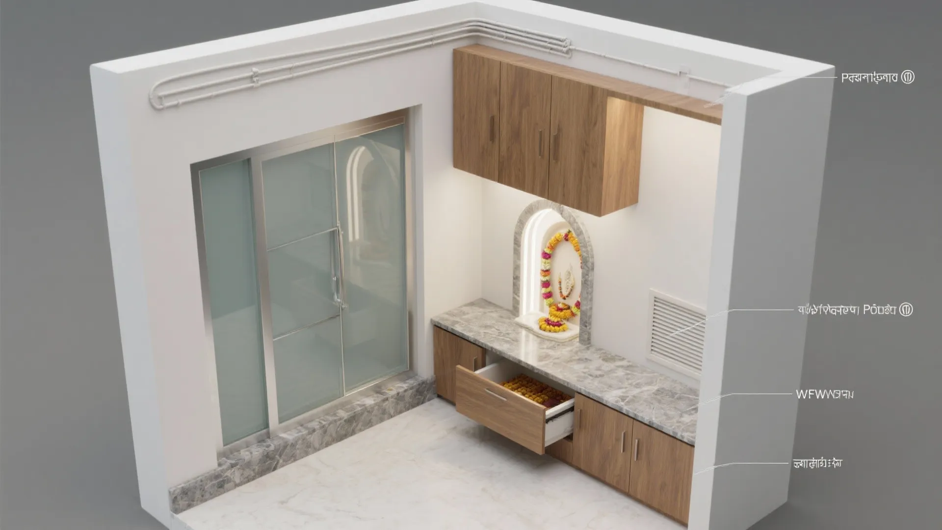 Clear Glass Mandir Niche with Hidden Storage