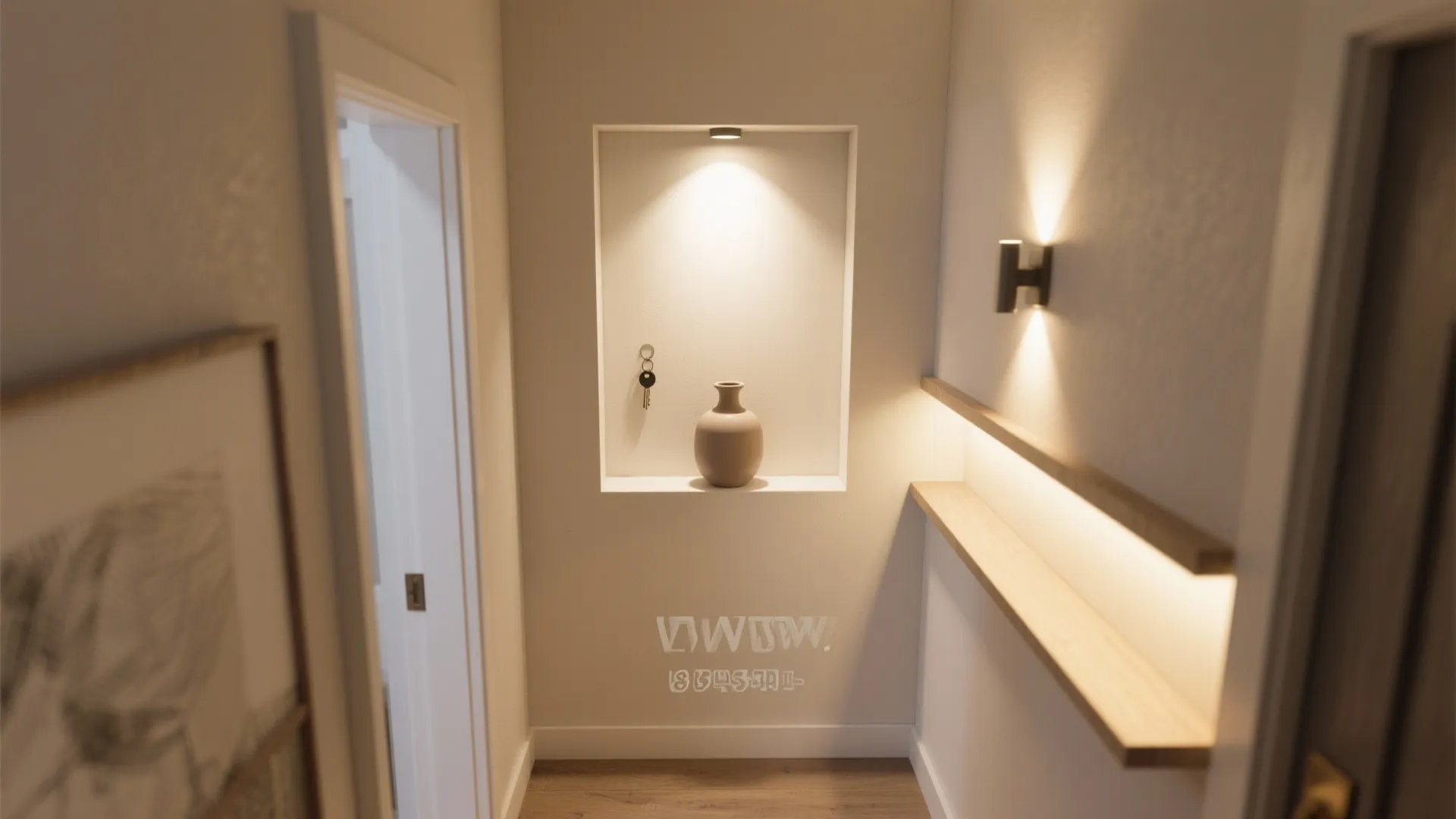 Modern hallway with wall light, recessed shelf, clay vase, hanging keys, and warm ambient lighting