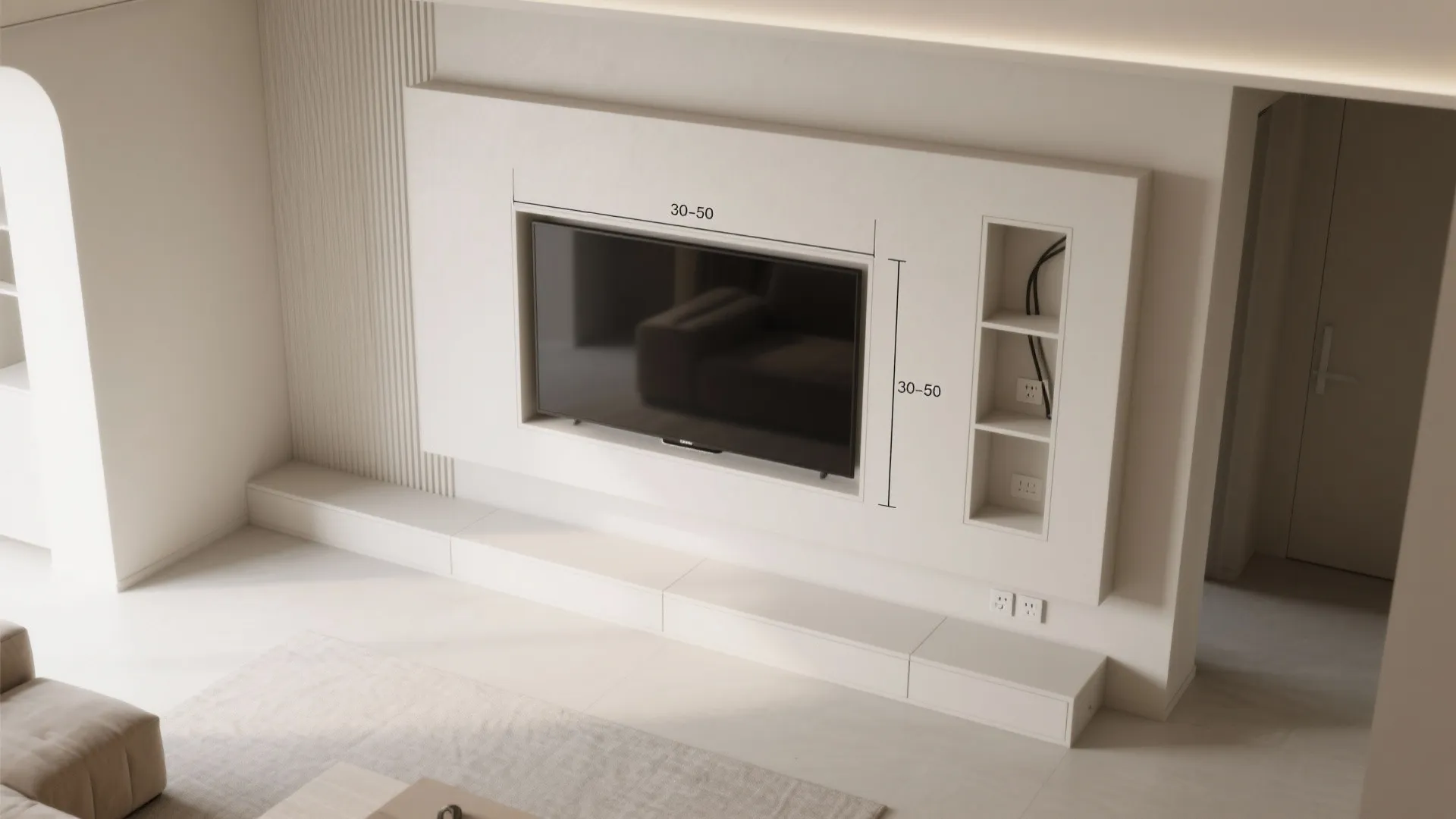 Top down interior design drawing of a television wall with small shelves and hidden wires