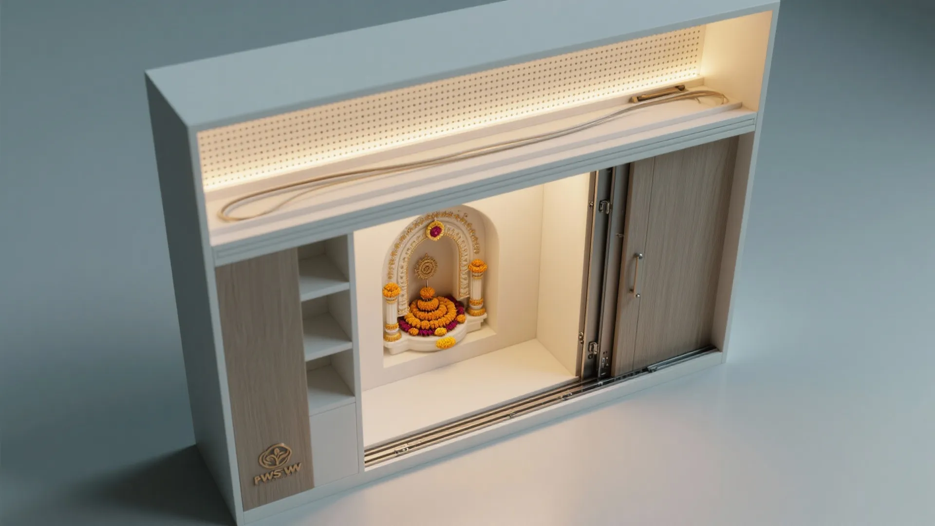 Sliding-Door Pooja Niche Integrated into the Living Room