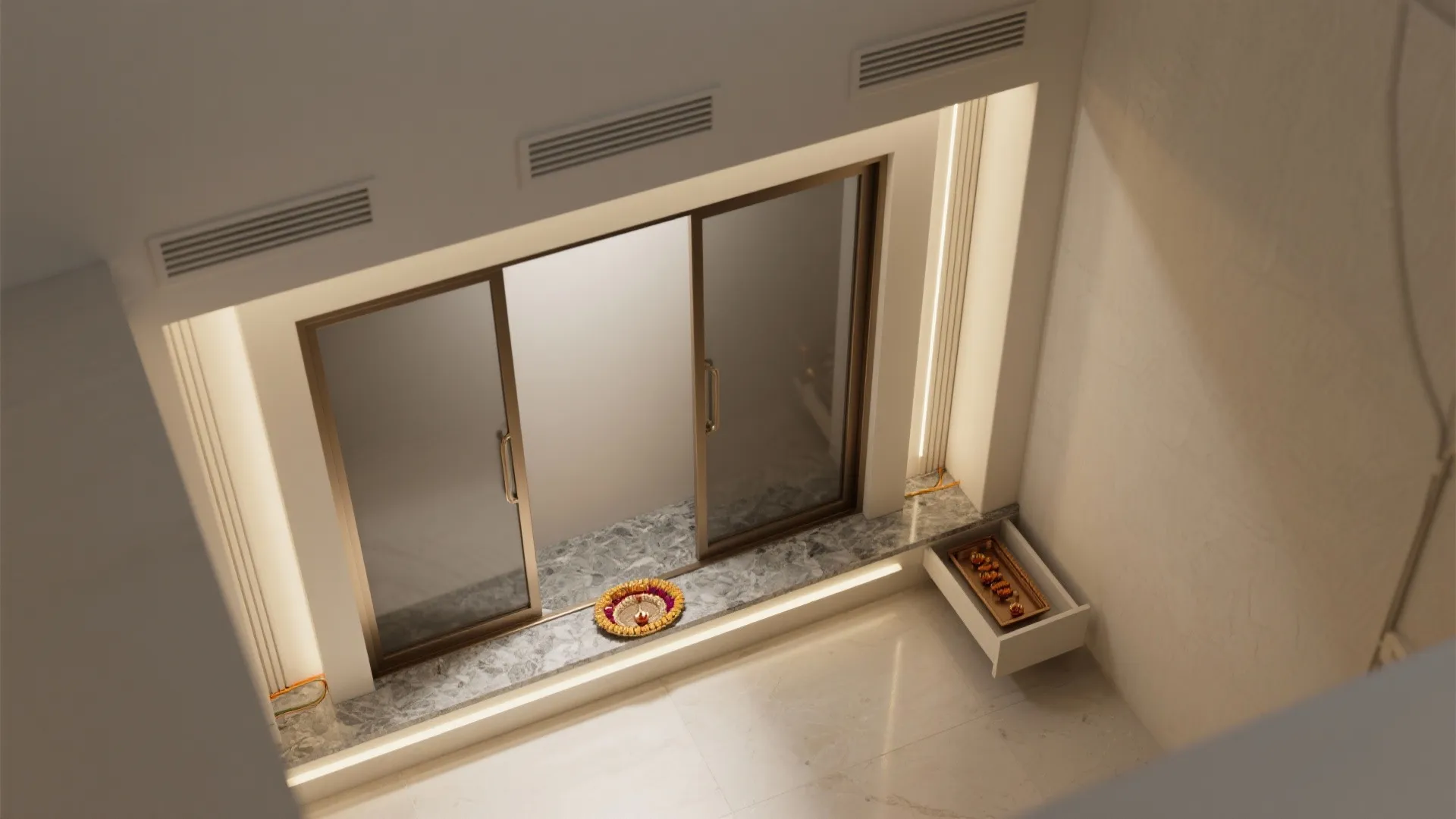 Built-in niche with sliding glass doors