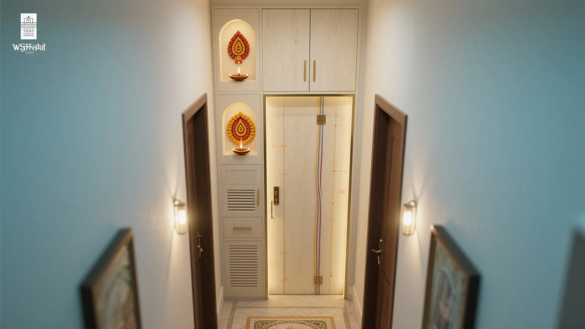 Sliding-door pooja niche integrated into cabinetry