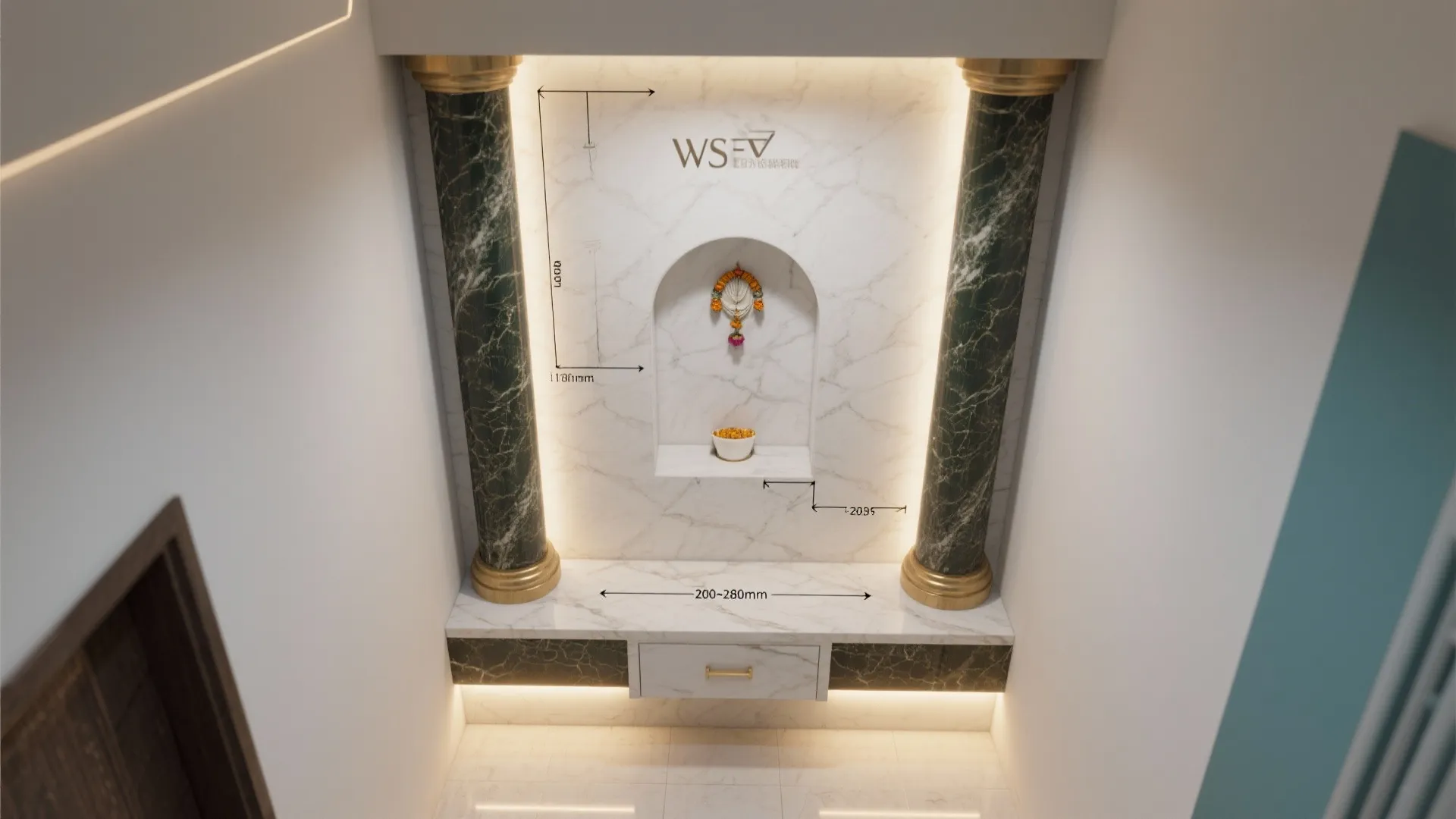 Interior design drawing of a marble wall niche with measurement lines and dark green pillars