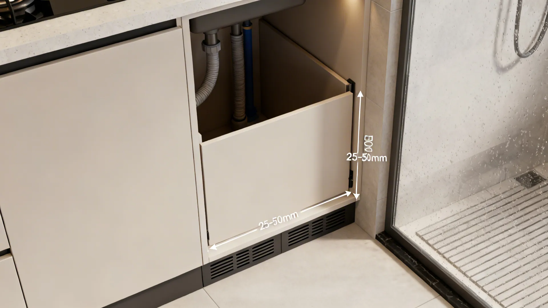 Top-down view of a laundry niche showing pocket door space, hose clearance, and ventilation slots.