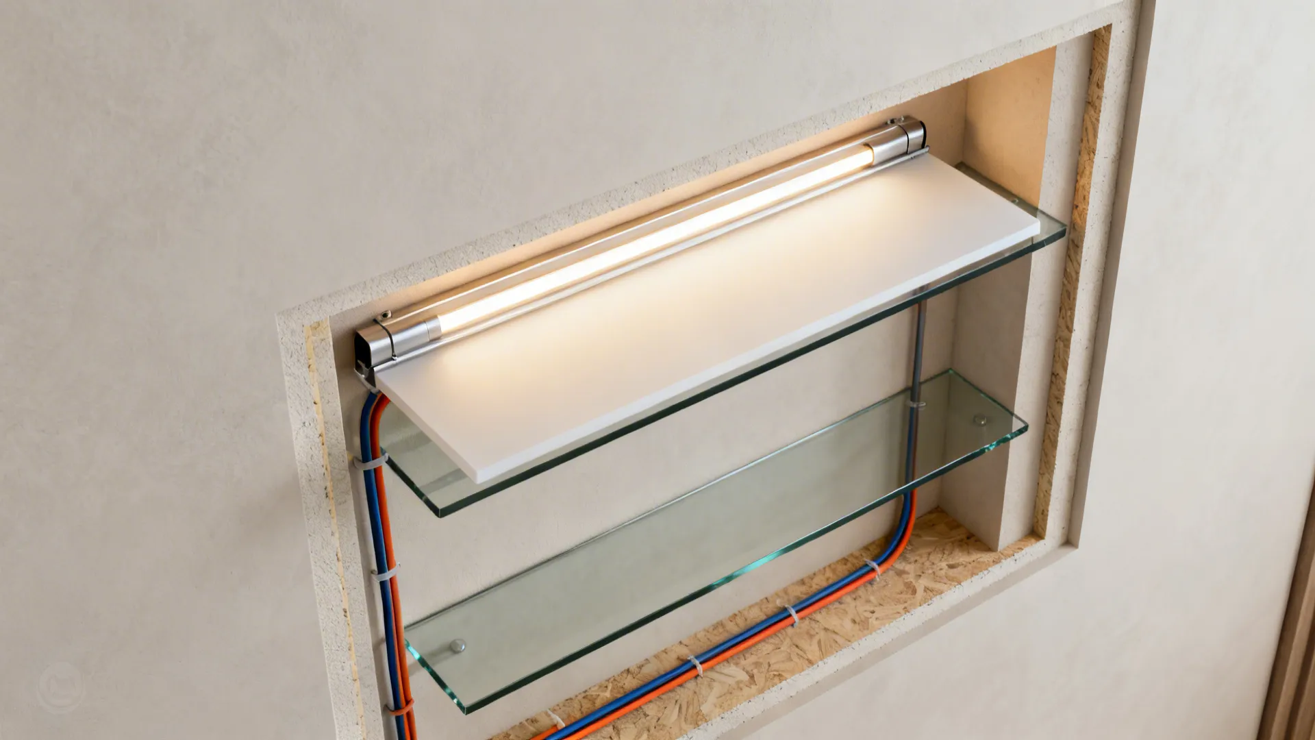 Top-down visualization of recessed niche layers with diffuser and LED channel.