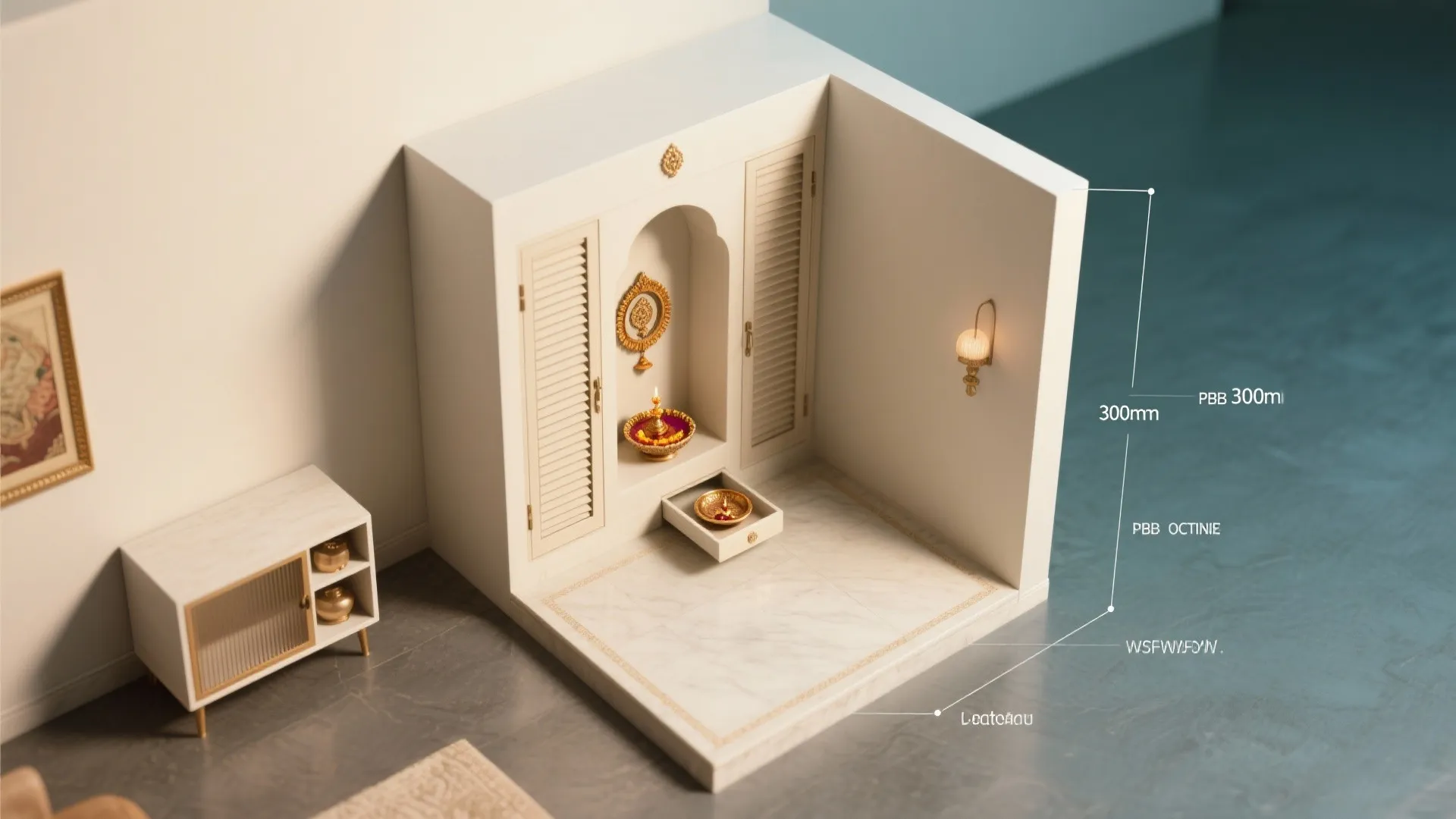 Top-down view showing a 300 mm pooja niche with sliding shutters and clear circulation.