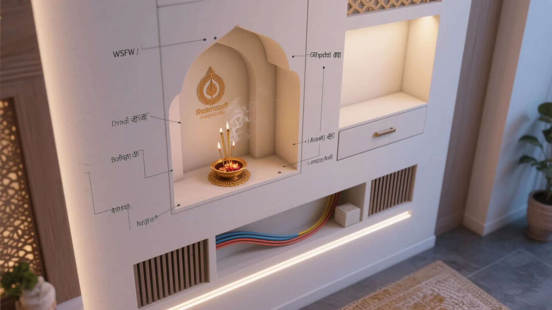 Top-down view of recessed niche pooja layout with drawer, ventilation, and LED routing.
