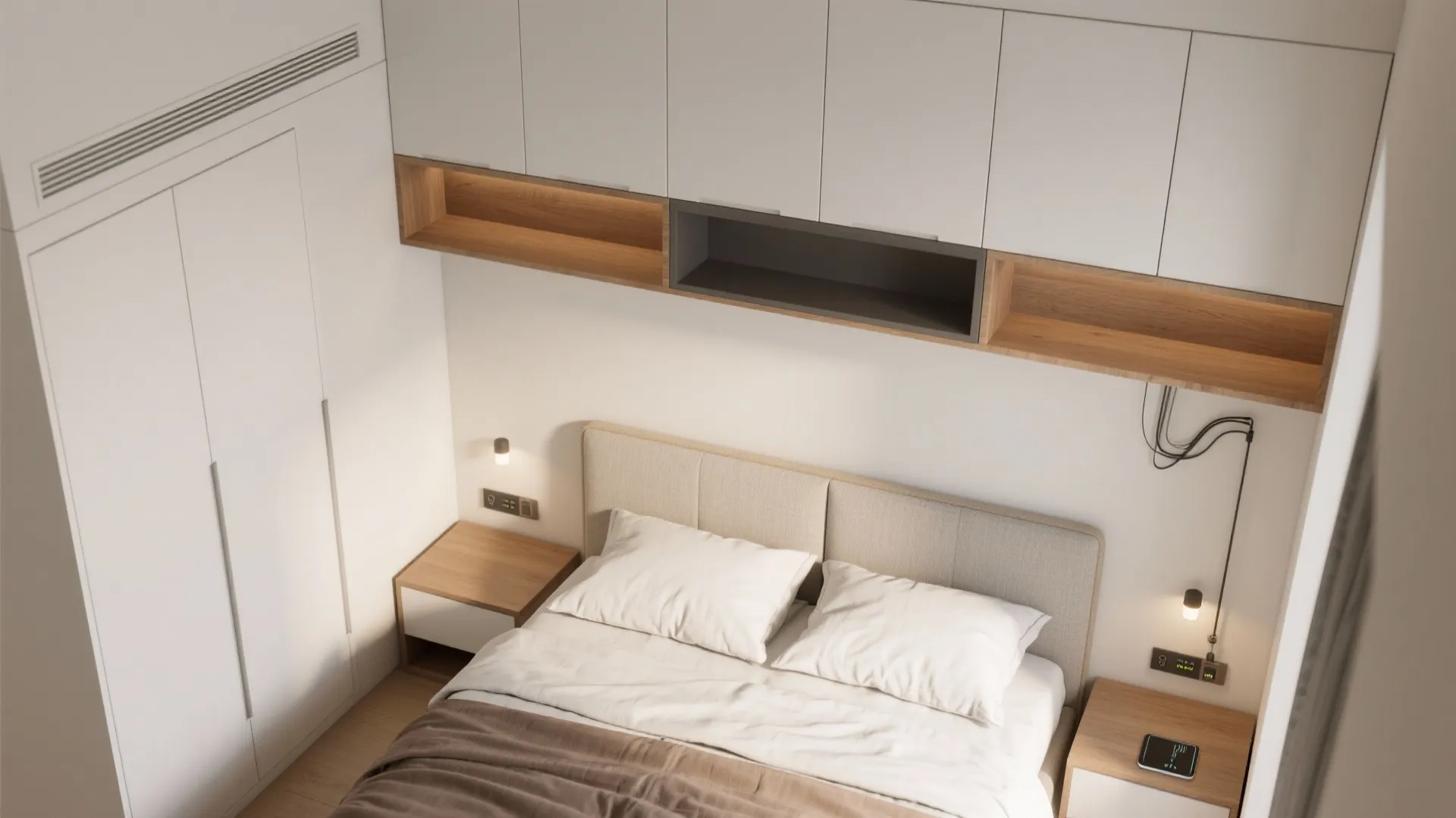 Built-in niches and slender storage around the headboard