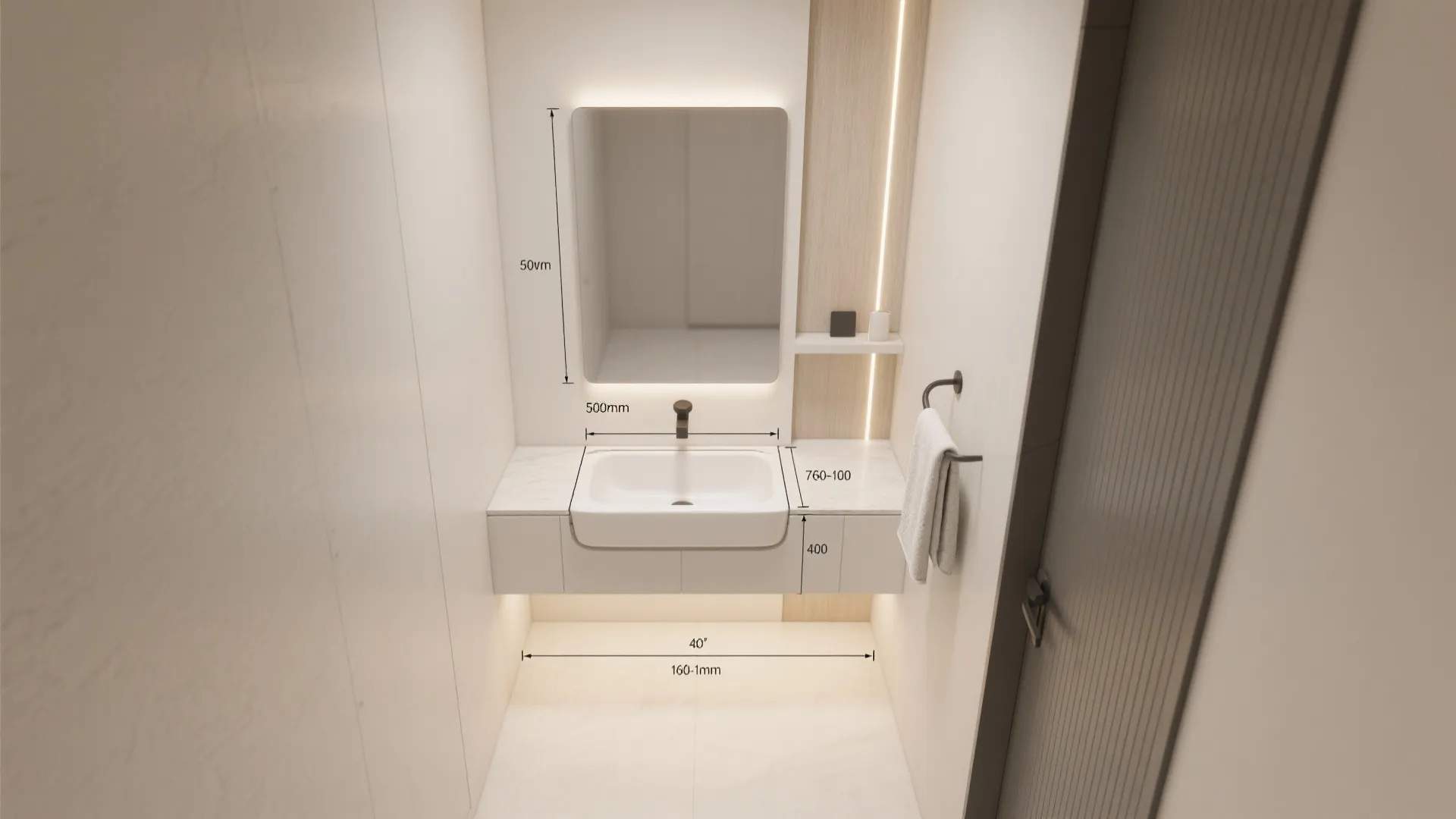 Niche-mounted basin with mirror and integrated lighting