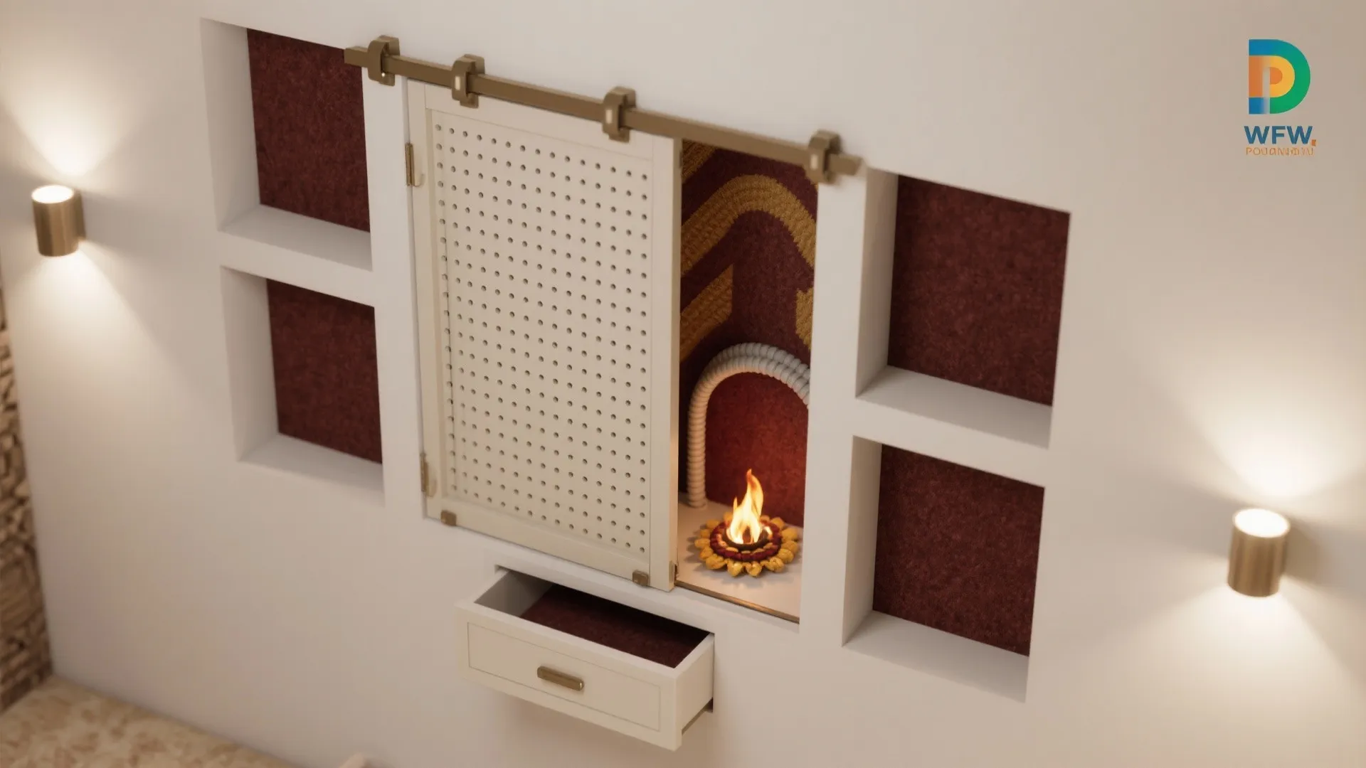 Top-down view of a pooja wall niche with pocket shutters, acoustic liner, and ventilation gaps planned around conduits.