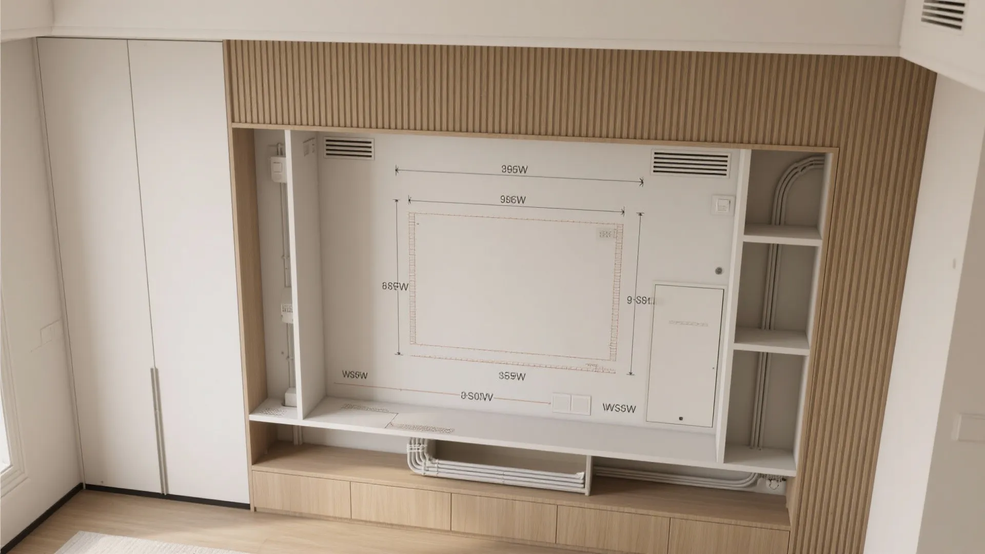 Built-in niche with fluted wood and concealed storage