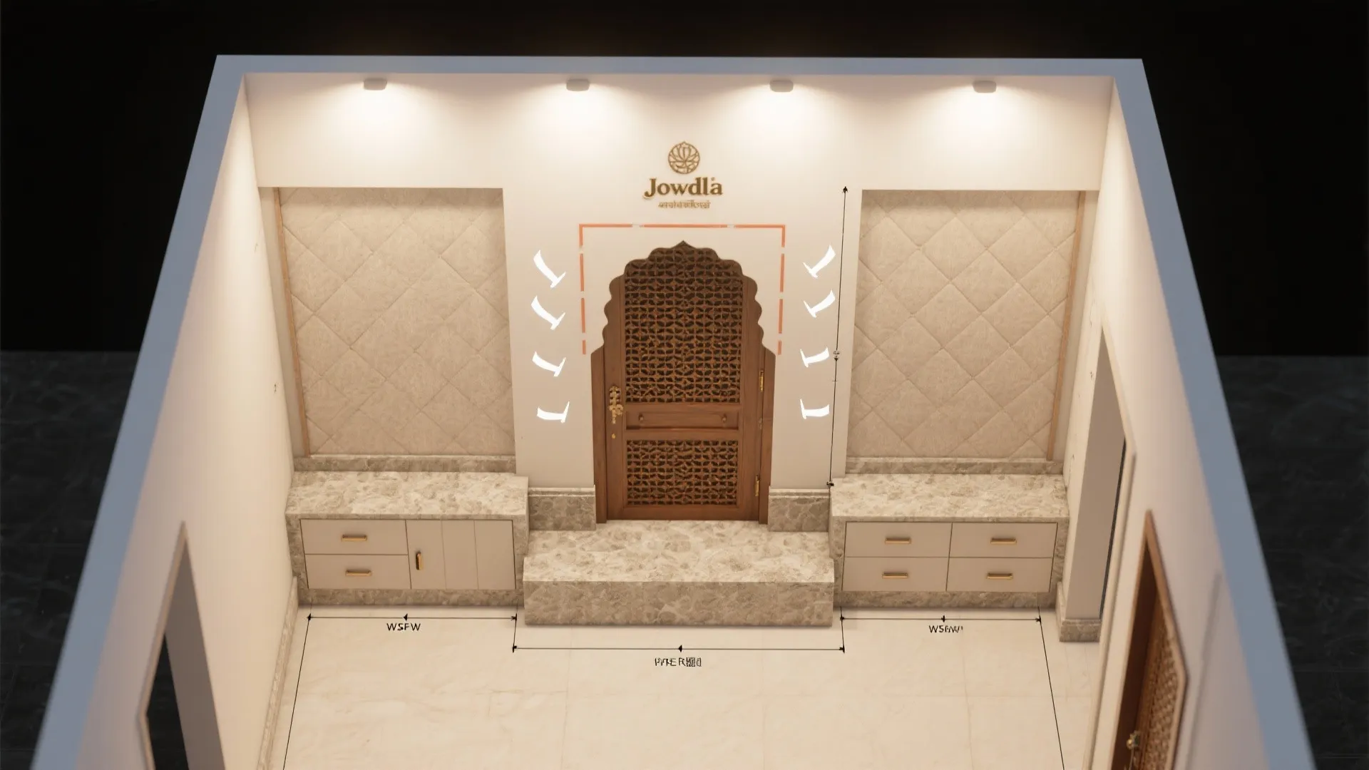 Interior design drawing showing a room layout with a carved door cabinets and wall panels